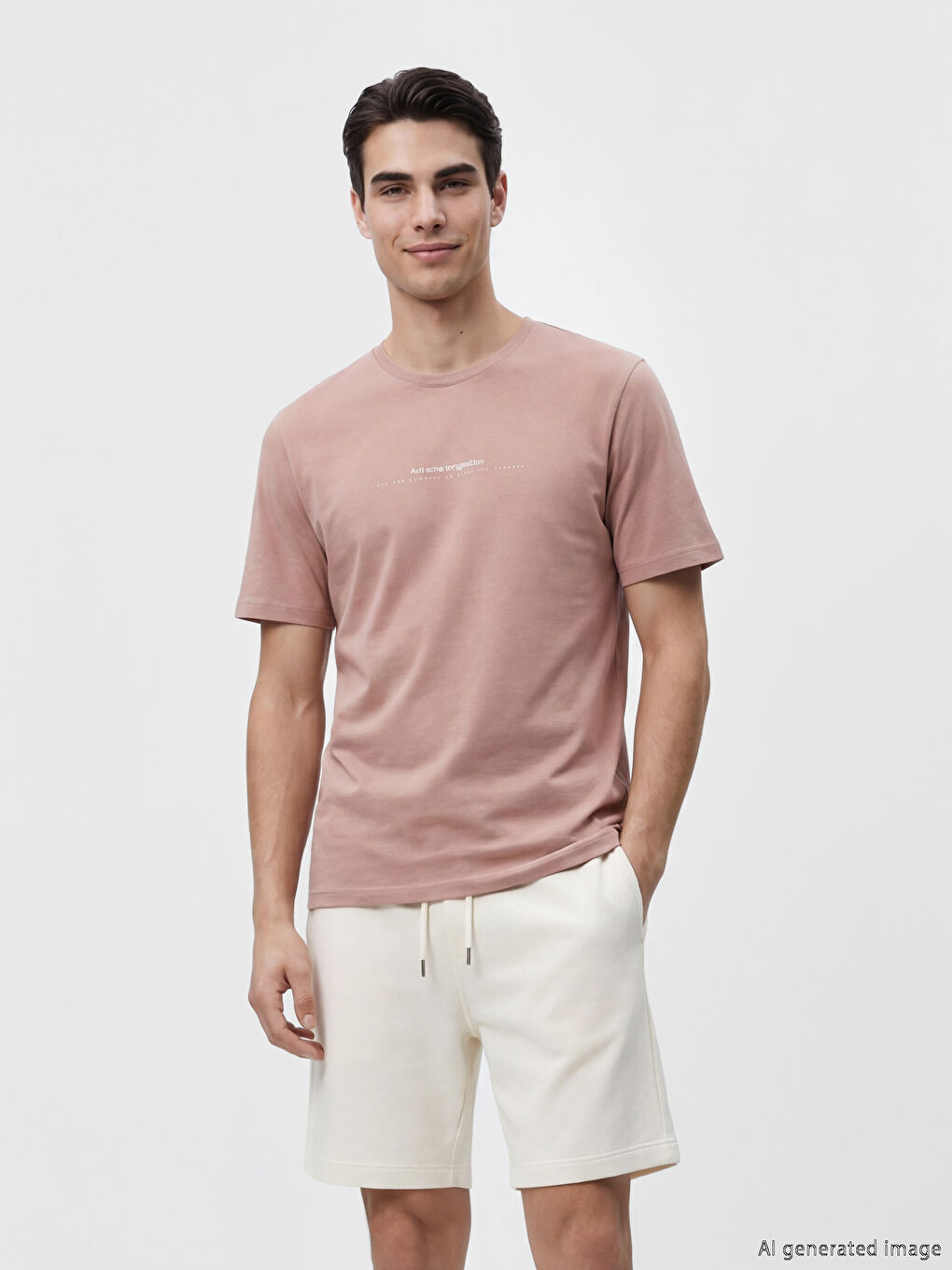 Pembe Bisiklet Yaka Yazı Baskılı Penye Erkek Tişört