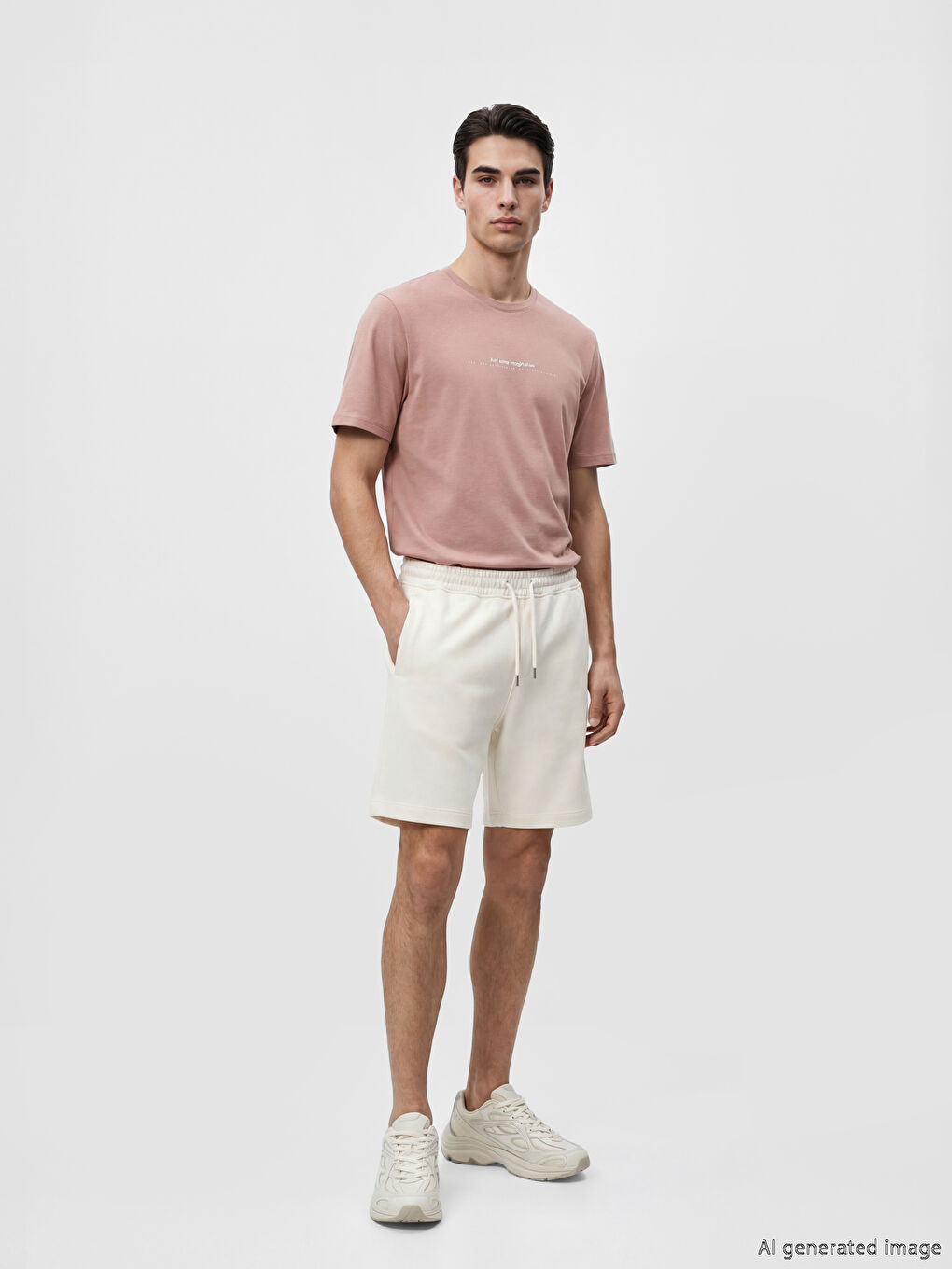 Pembe Bisiklet Yaka Yazı Baskılı Penye Erkek Tişört-1