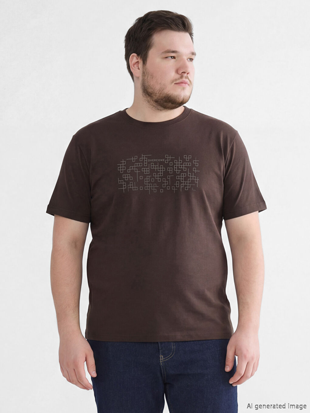 Kahverengi Bisiklet Yaka Baskılı Penye Erkek Tişört-1