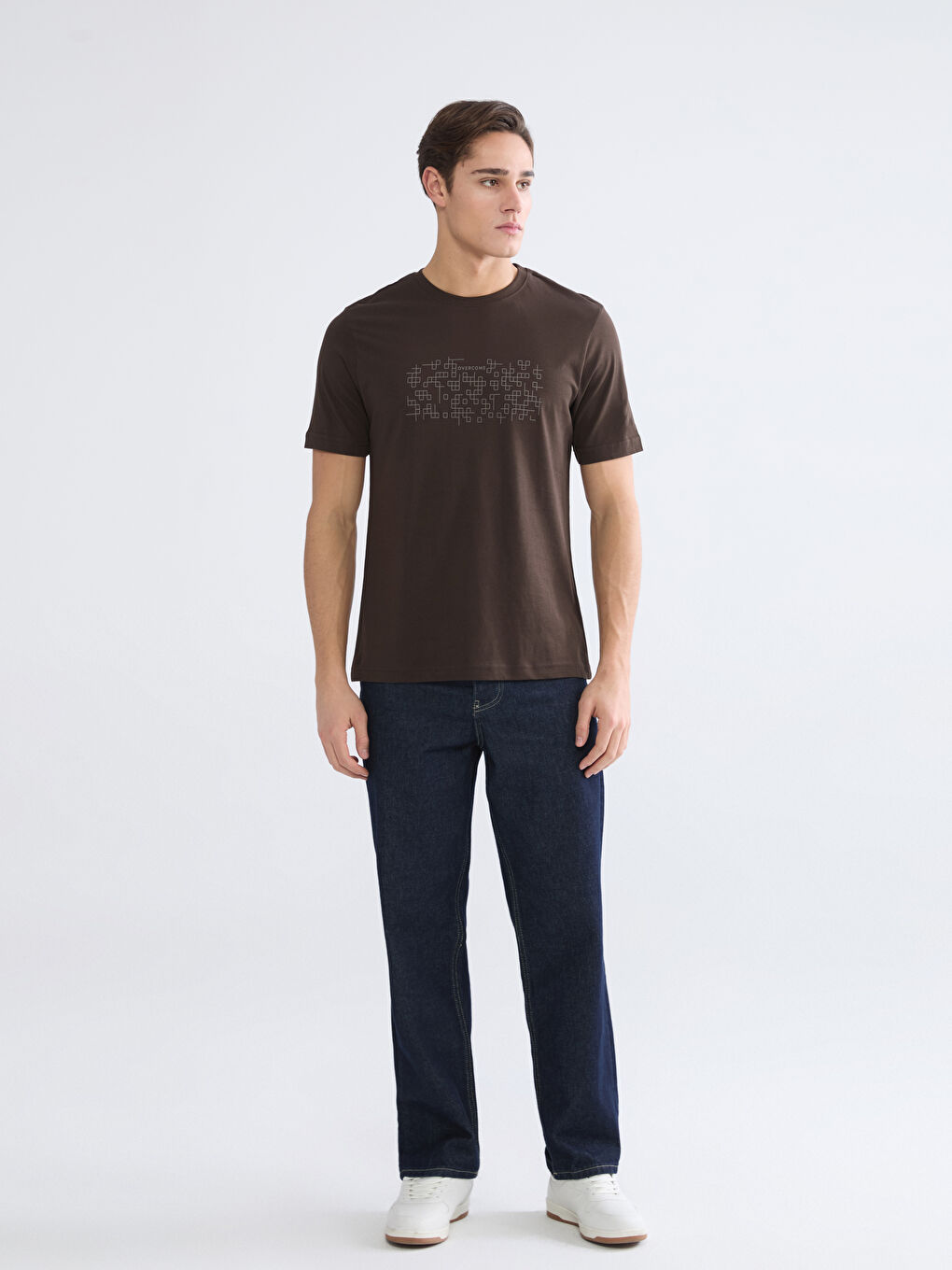 Kahverengi Bisiklet Yaka Baskılı Penye Erkek Tişört-1