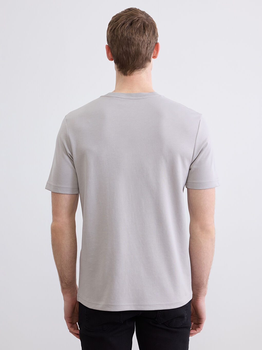 Gri Bisiklet Yaka Baskılı Erkek Tişört-3