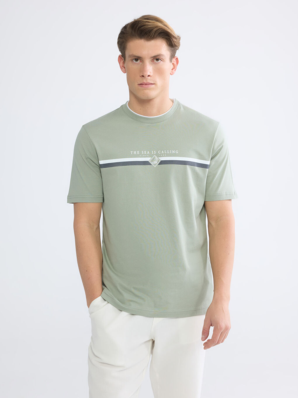 Yeşil Bisiklet Yaka Baskılı Penye Erkek Tişört