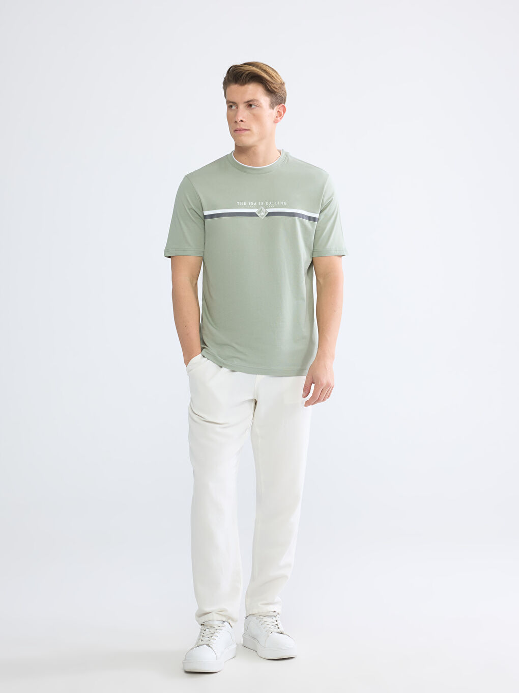 Yeşil Bisiklet Yaka Baskılı Penye Erkek Tişört-1