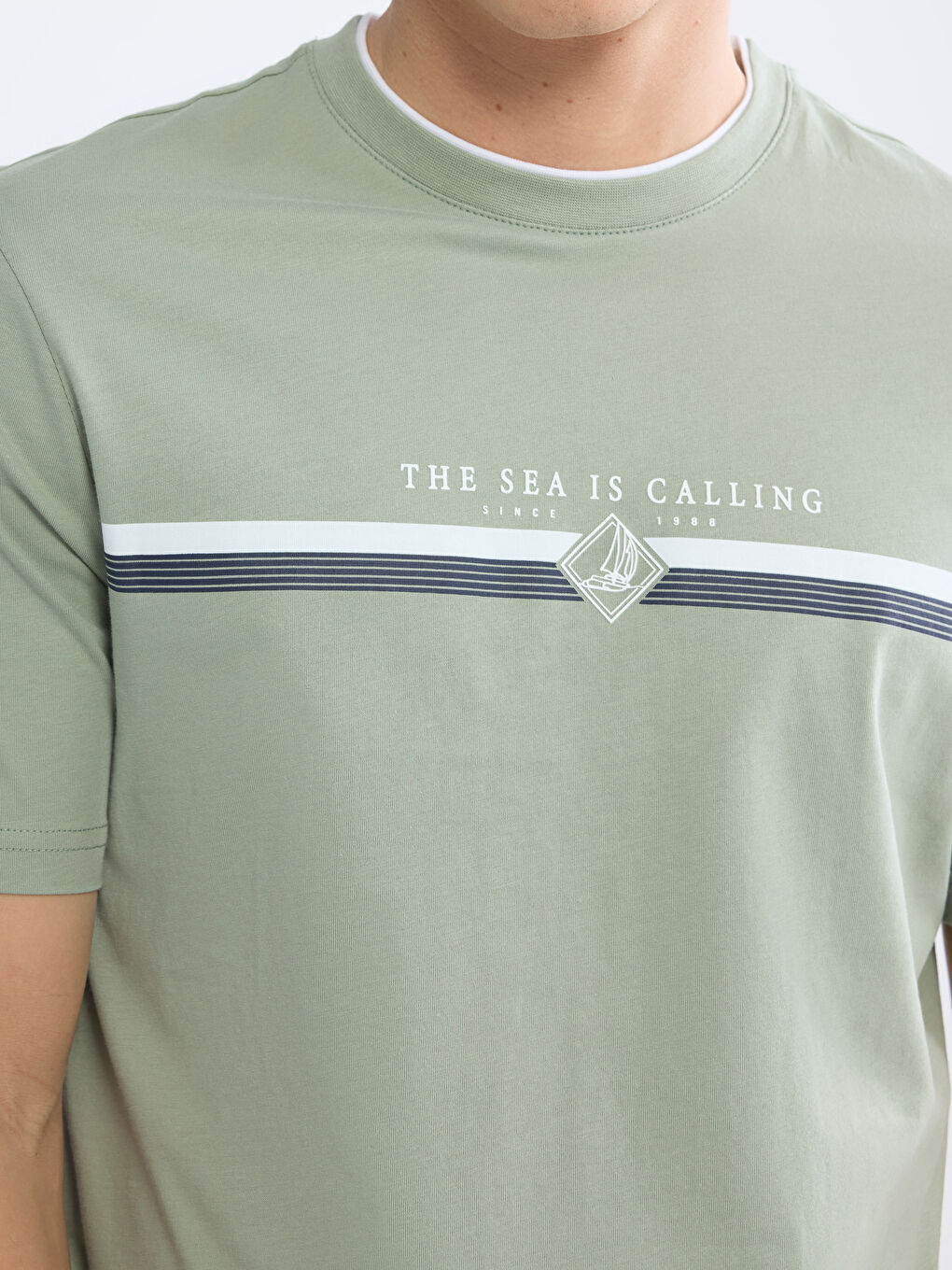 Yeşil Bisiklet Yaka Baskılı Penye Erkek Tişört-2