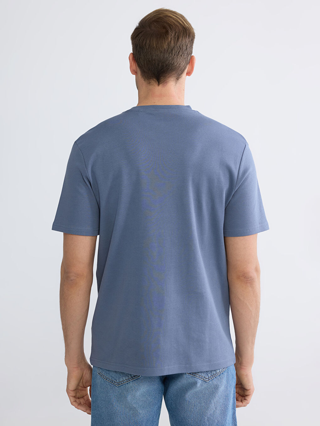 İndigo Bisiklet Yaka Nakışlı Bol Fit İnterlok Erkek Tişört-3