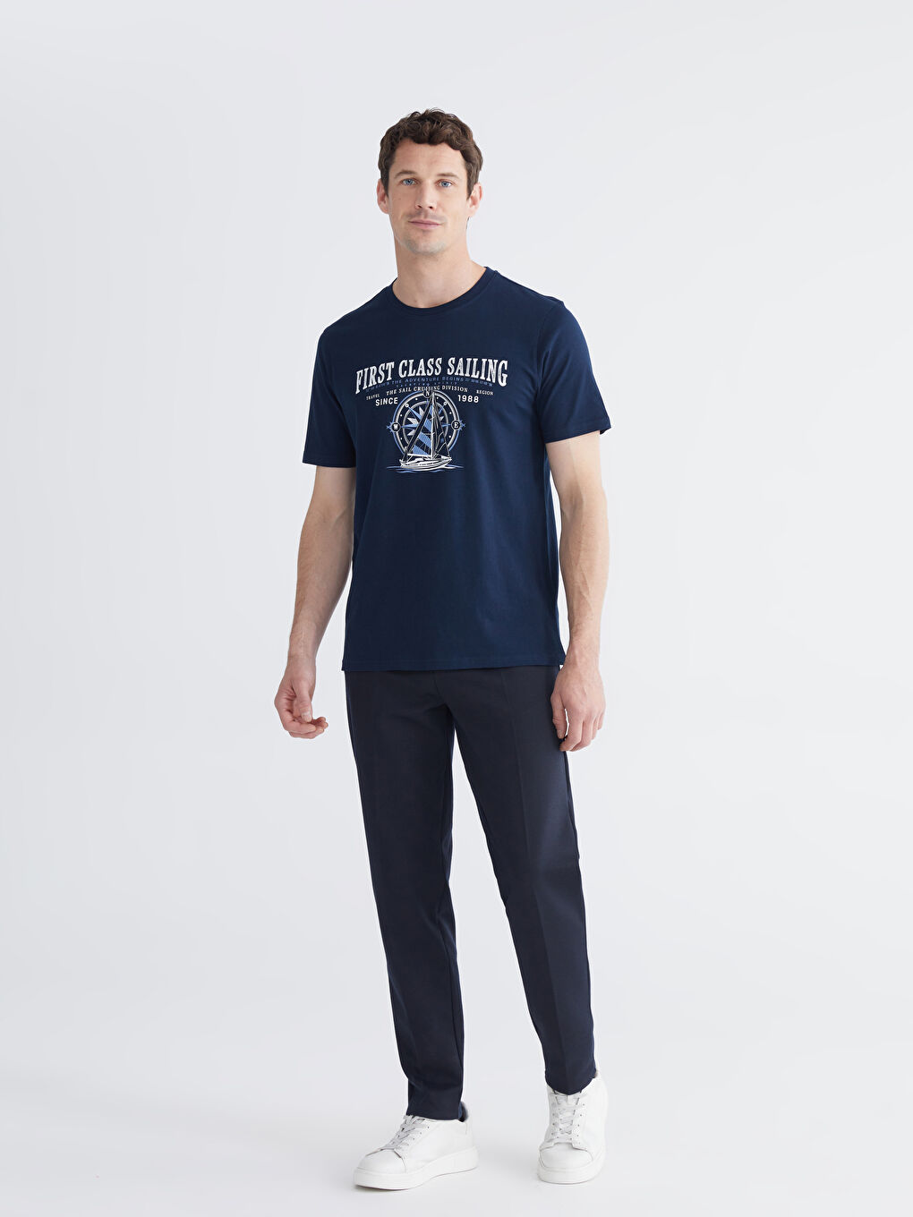 Lacivert Bisiklet Yaka Baskılı Penye Erkek Tişört-1