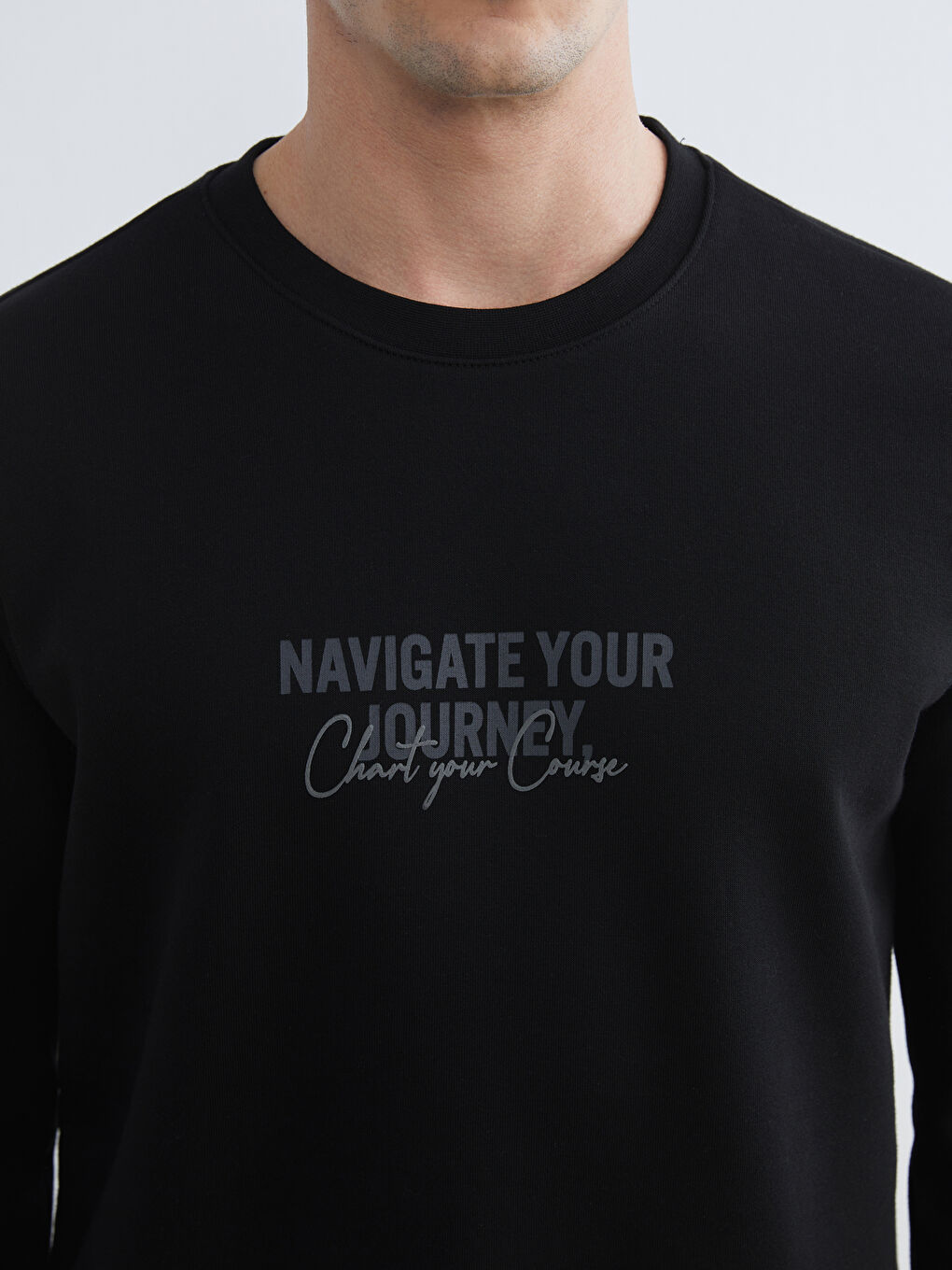 Siyah Bisiklet Yaka Baskılı Erkek Sweatshirt-2