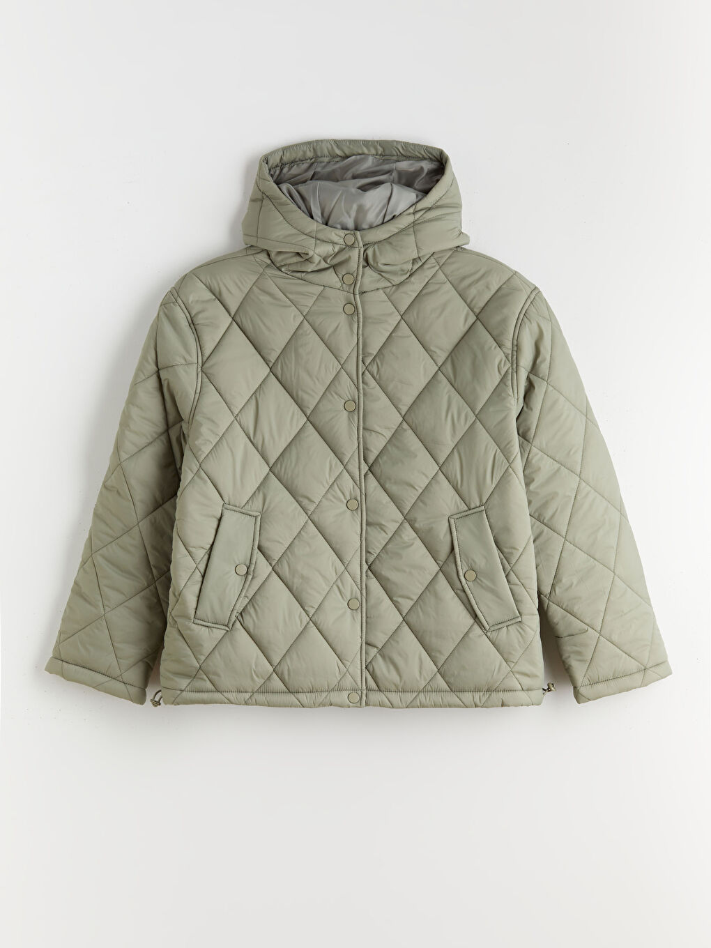 Haki Kapüşonlu Kapitone Oversize Kadın Mont-5