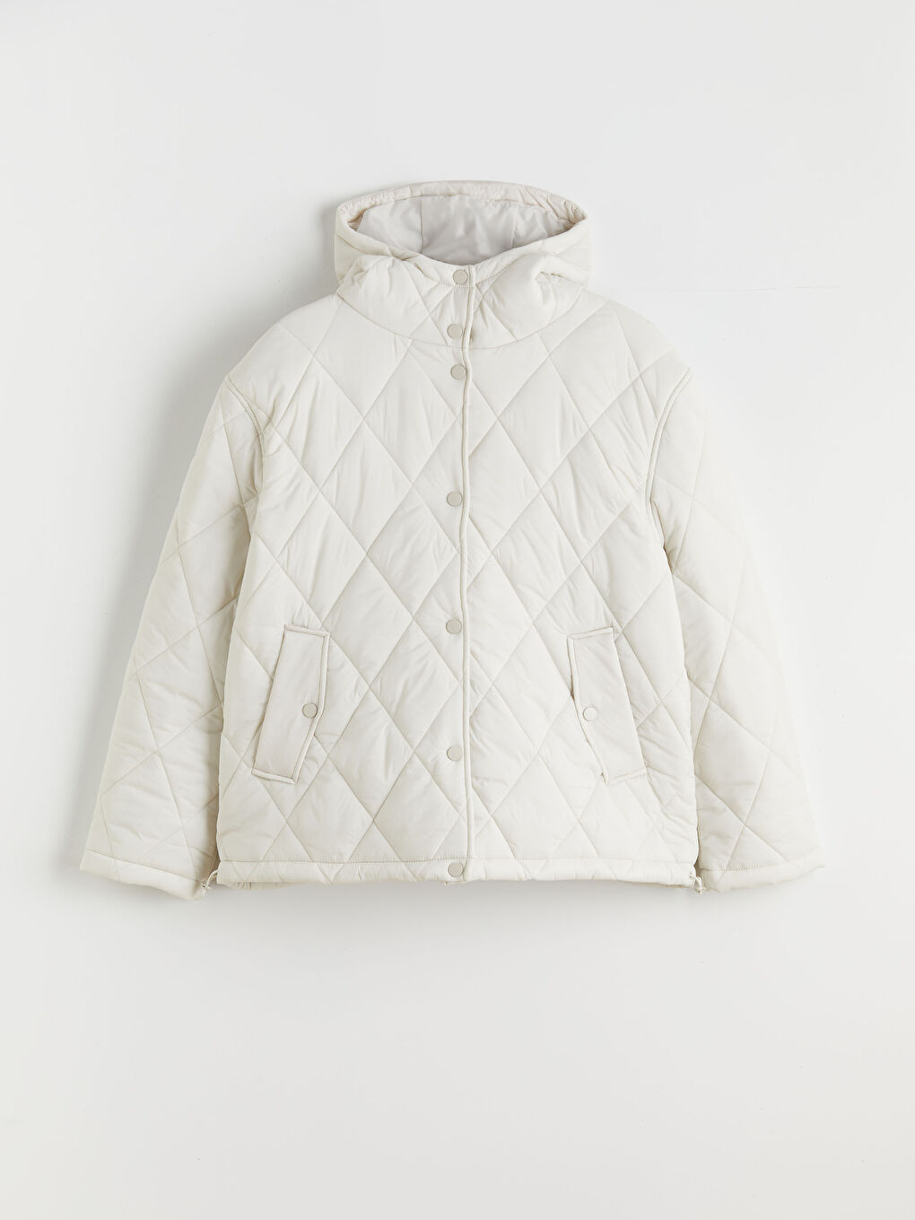 Ekru Kapüşonlu Kapitone Oversize Kadın Mont-5