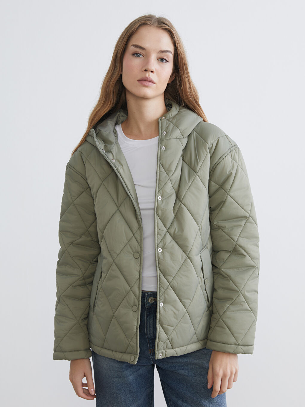 Haki Kapüşonlu Kapitone Oversize Kadın Mont