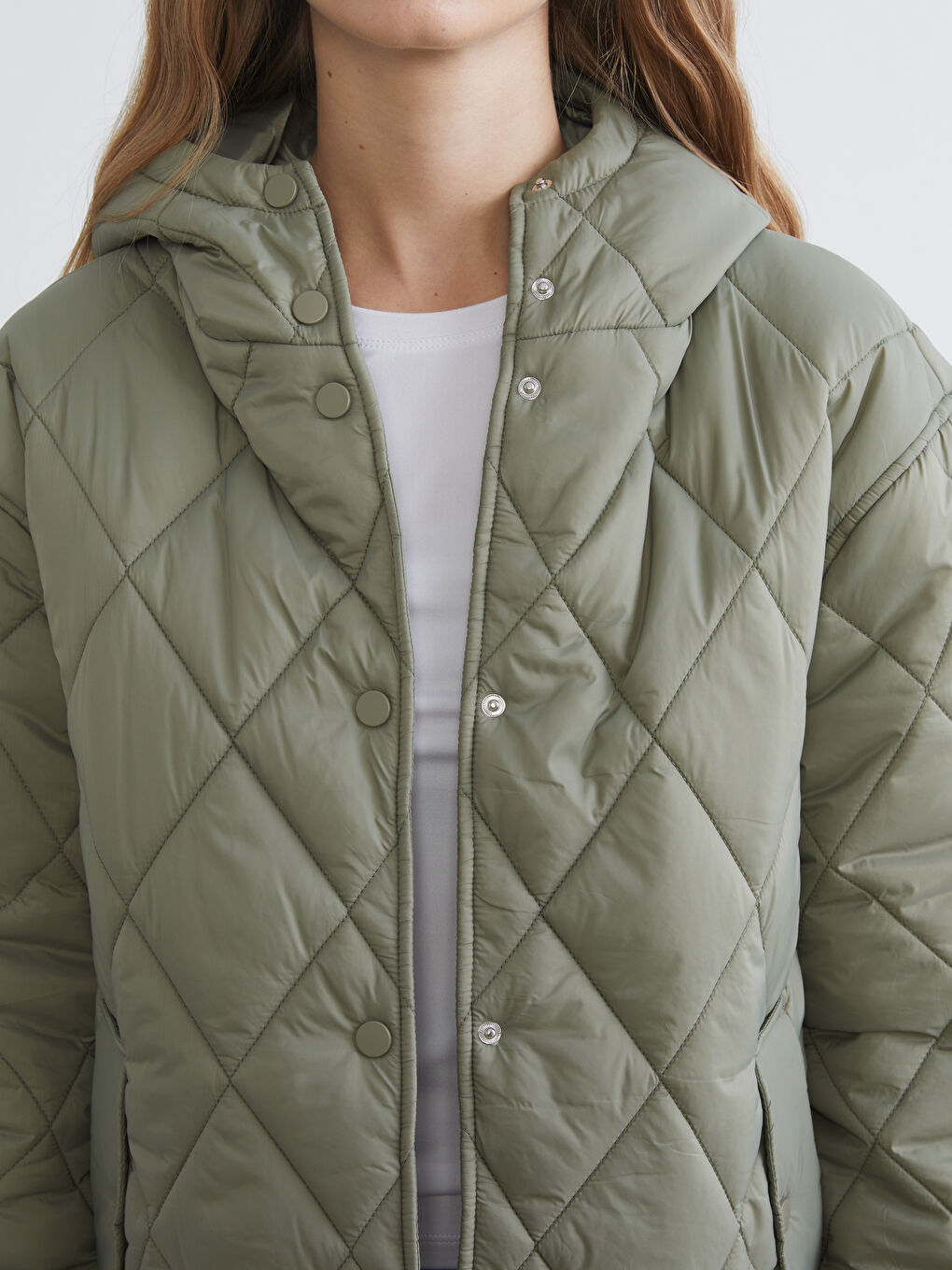 Haki Kapüşonlu Kapitone Oversize Kadın Mont-2