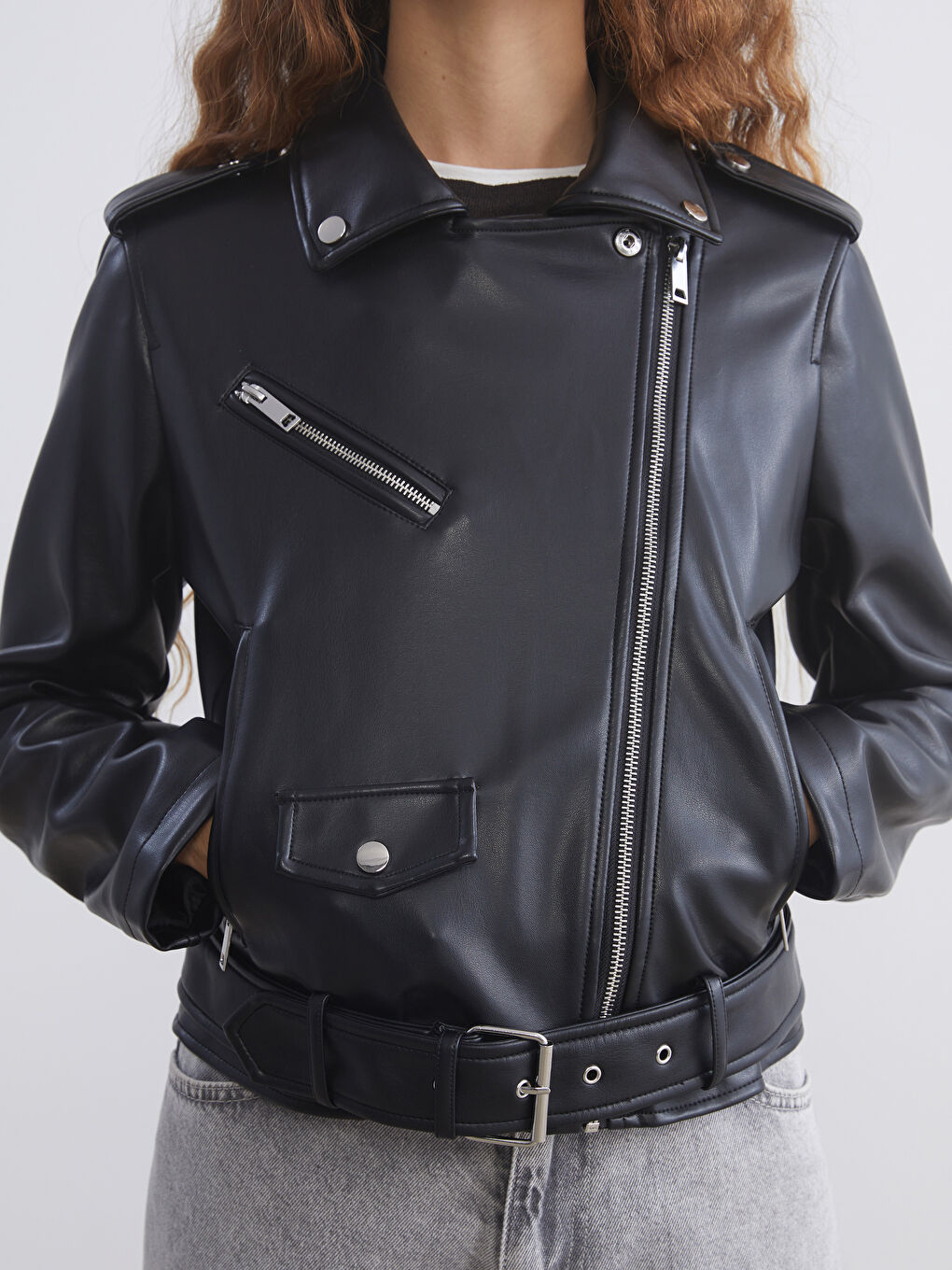 Siyah Biker Yaka Kadın Deri Görünümlü Ceket-2