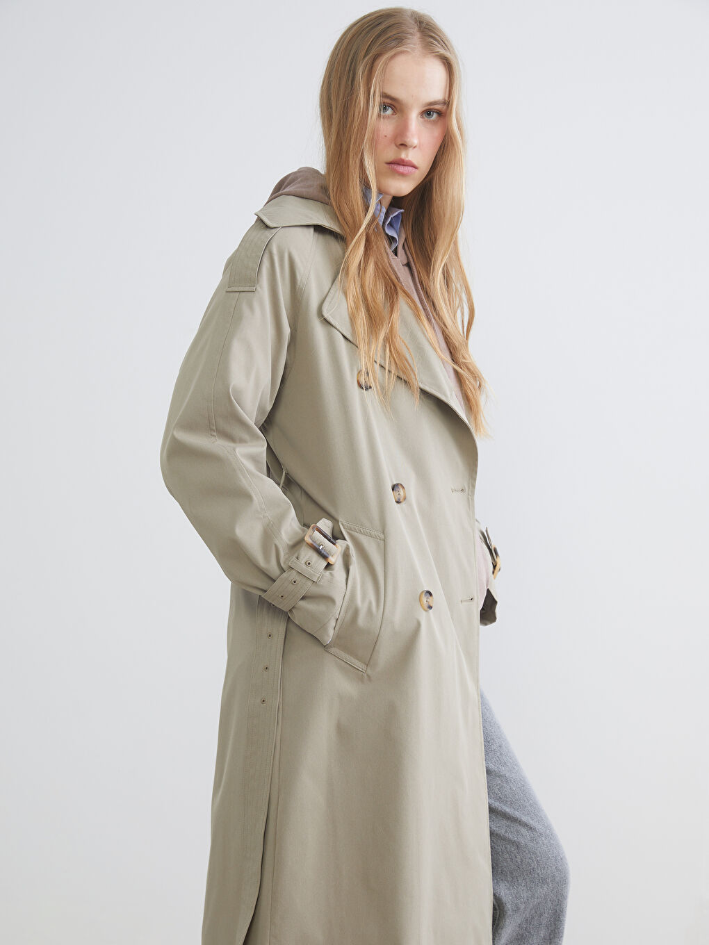 Haki Kruvaze Yaka Kadın Trençkot-1