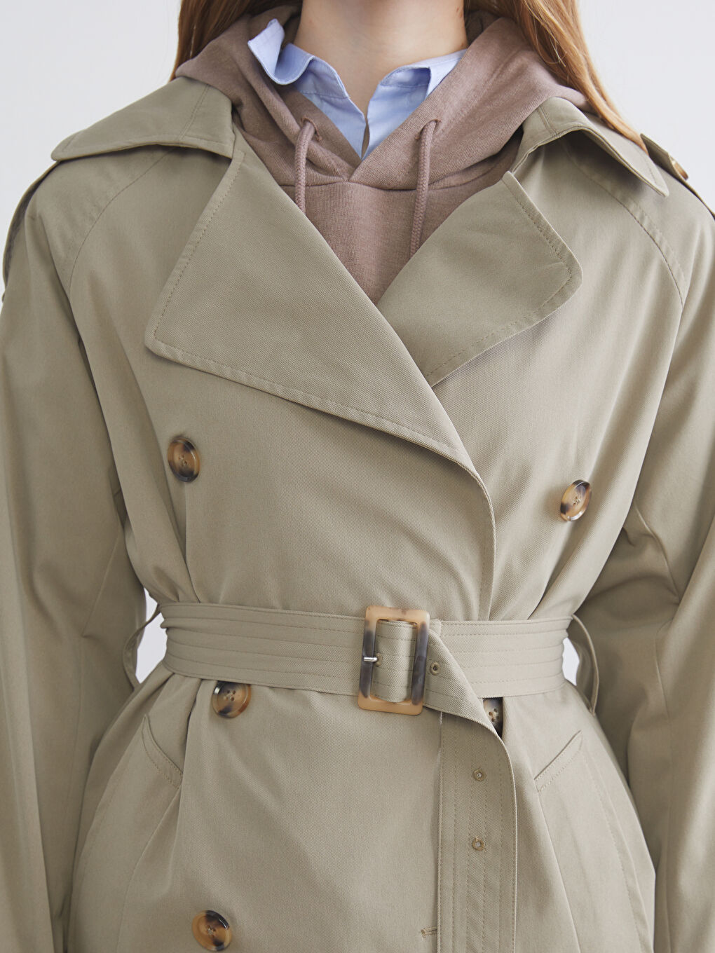 Haki Kruvaze Yaka Kadın Trençkot-2