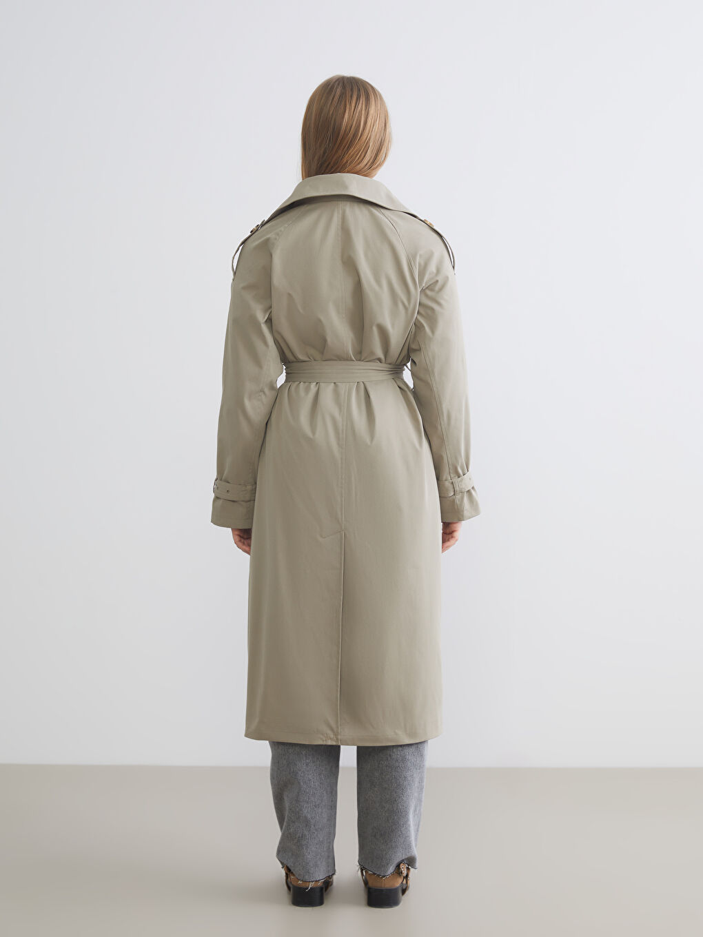 Haki Kruvaze Yaka Kadın Trençkot-4