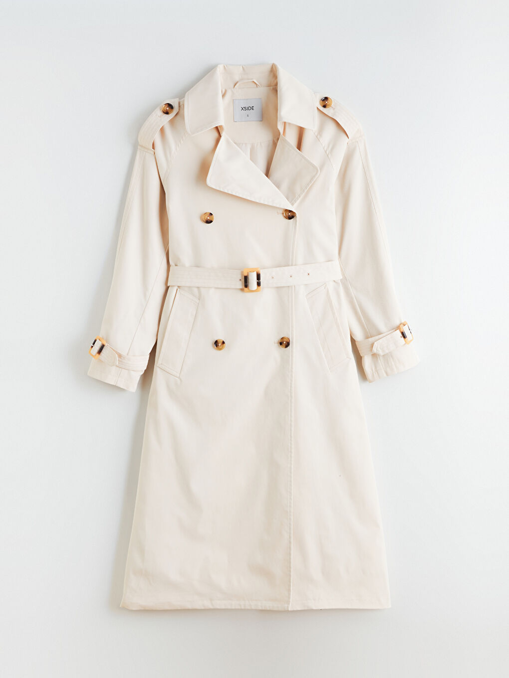 Ekru Kruvaze Yaka Kadın Trençkot-5