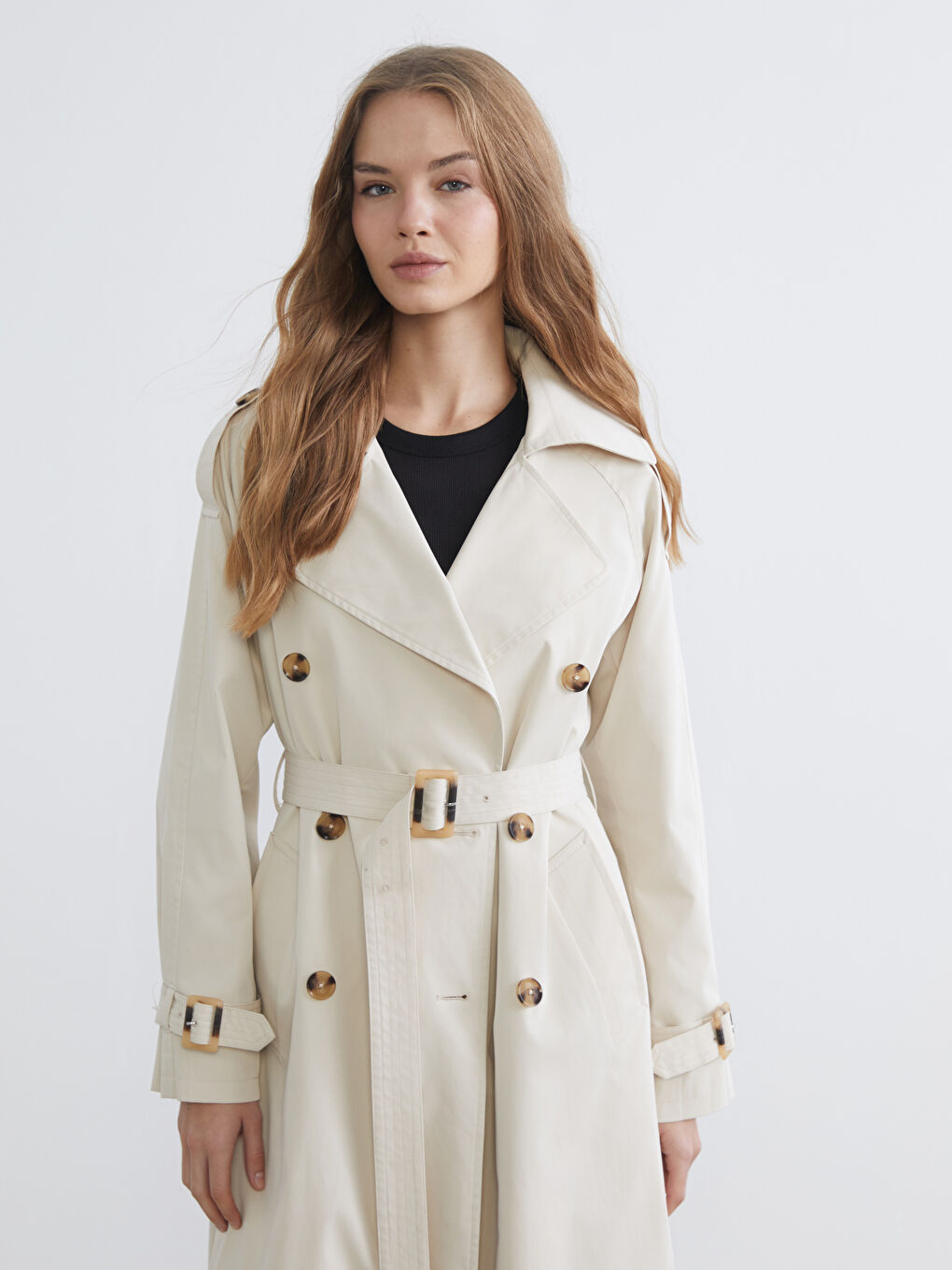 Ekru Kruvaze Yaka Kadın Trençkot-1