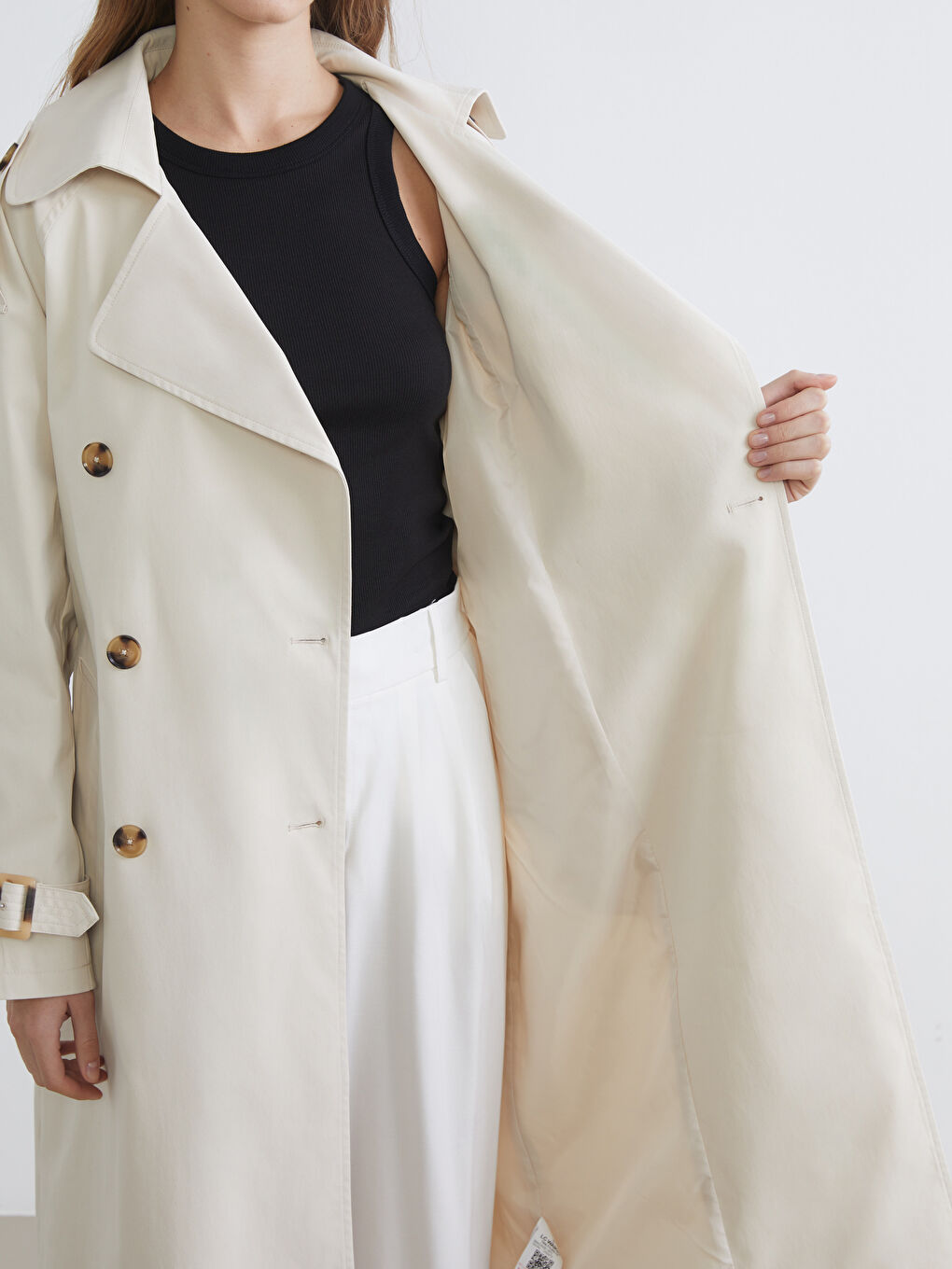 Ekru Kruvaze Yaka Kadın Trençkot-3