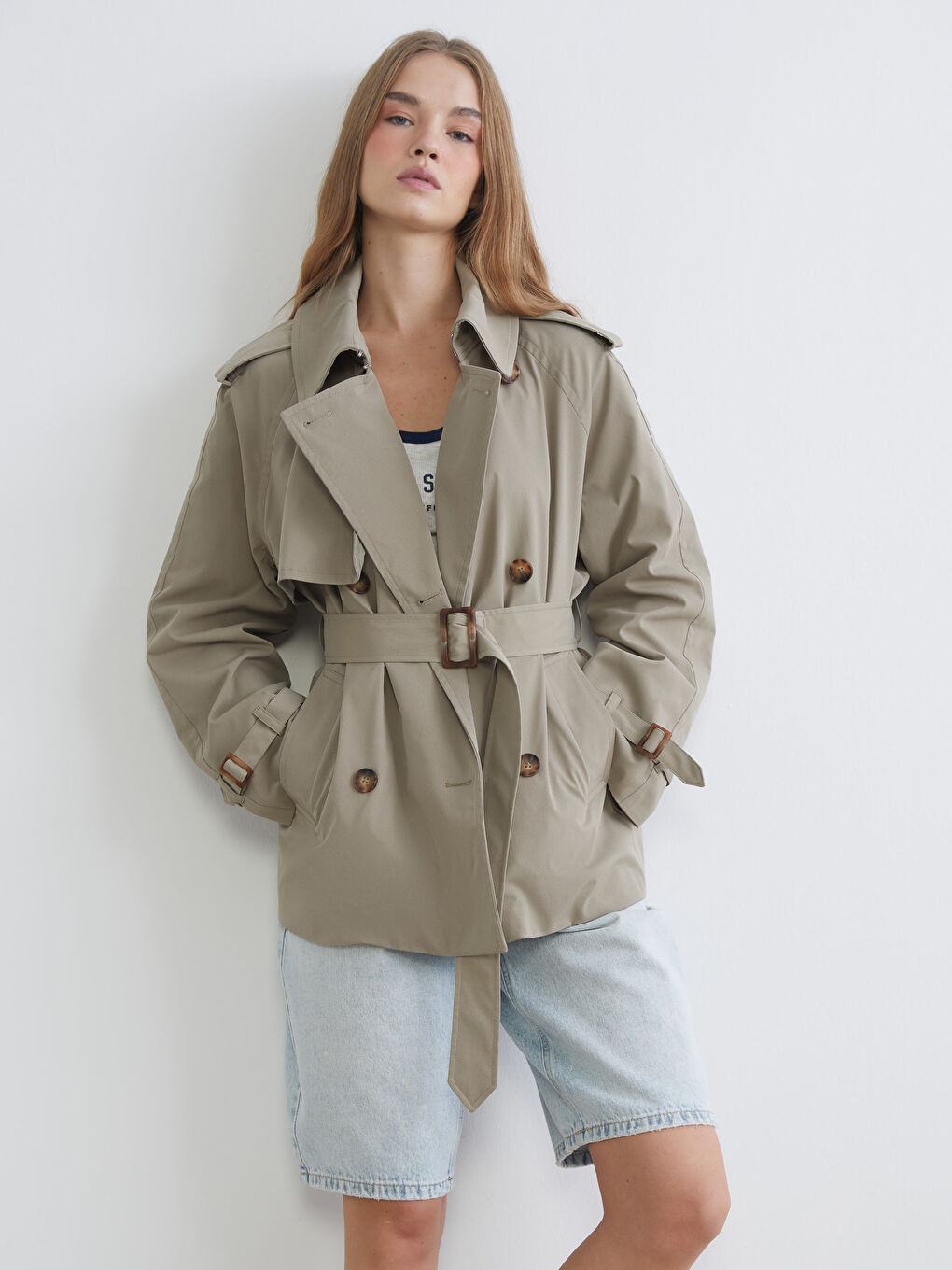 Haki Gömlek Yaka Oversize Kadın Trençkot