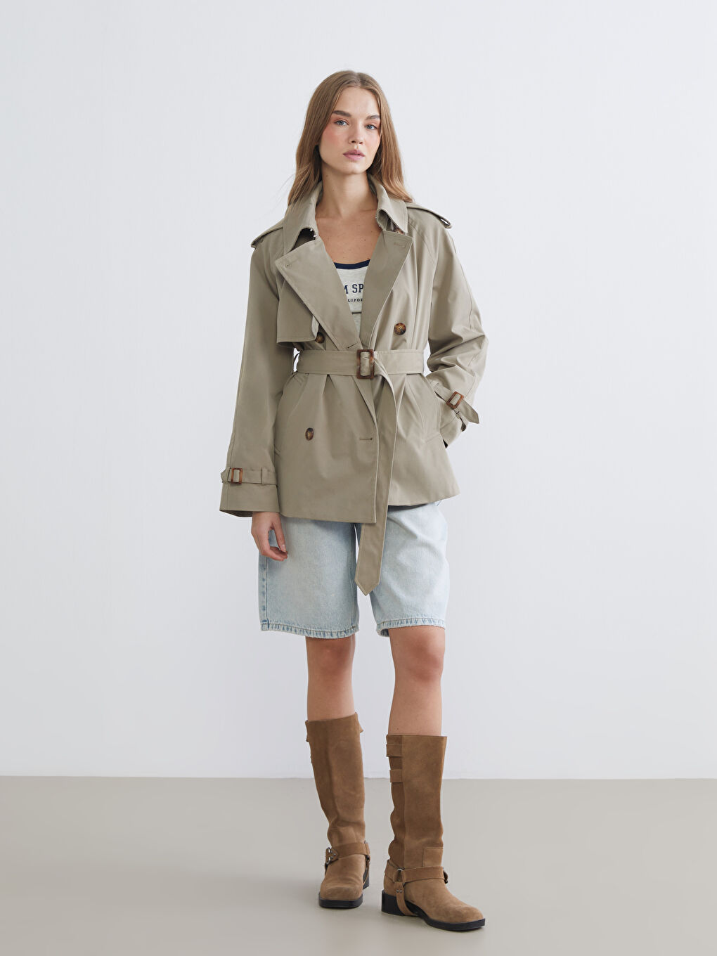 Haki Gömlek Yaka Oversize Kadın Trençkot-1