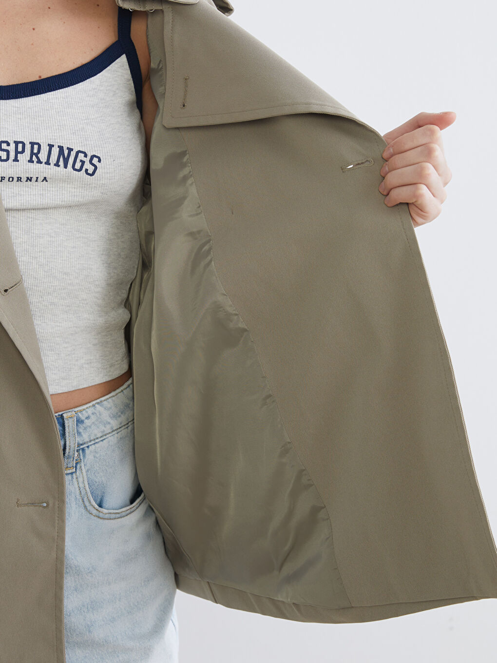 Haki Gömlek Yaka Oversize Kadın Trençkot-3