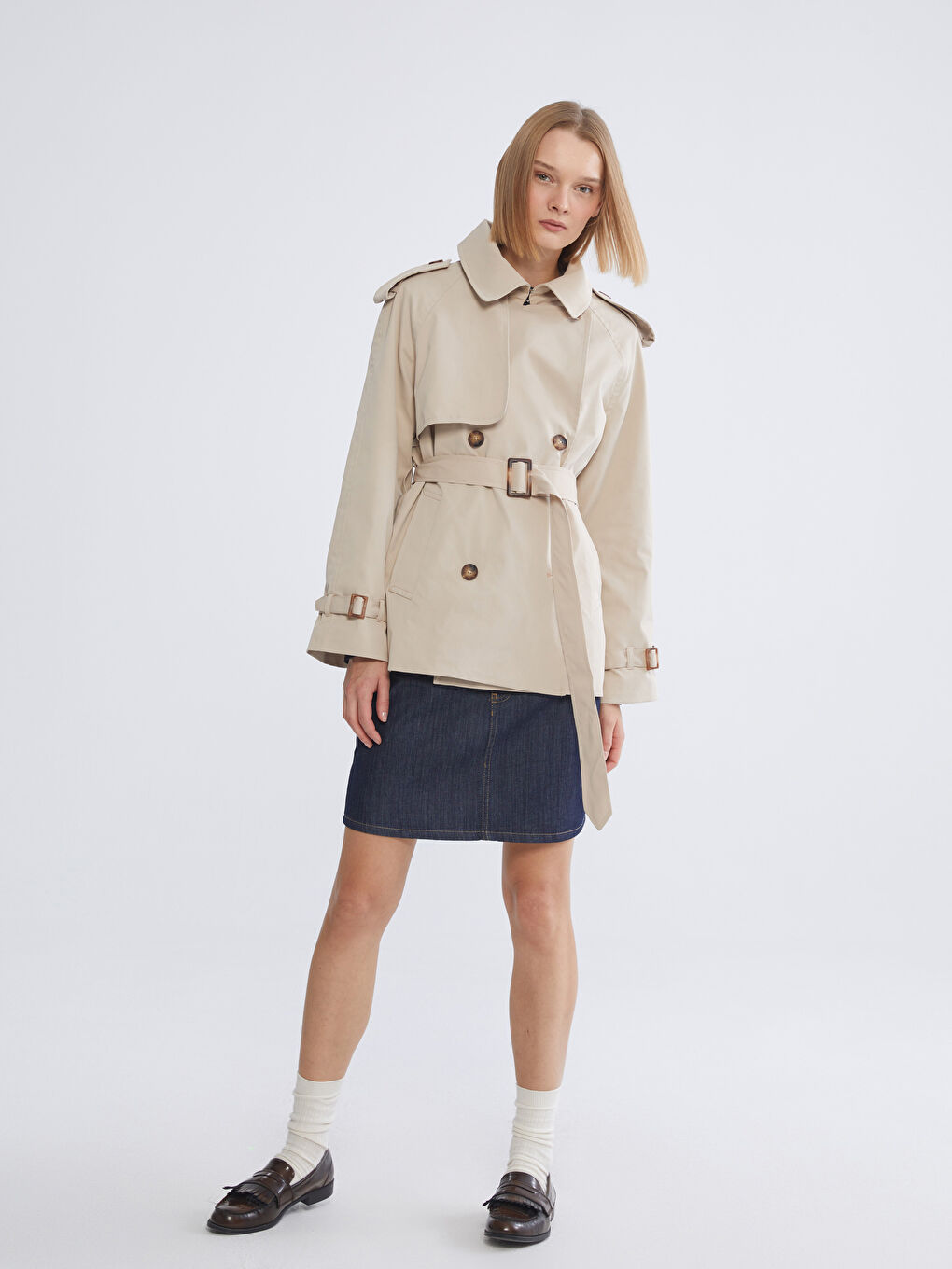 Bej Gömlek Yaka Oversize Kadın Trençkot-1