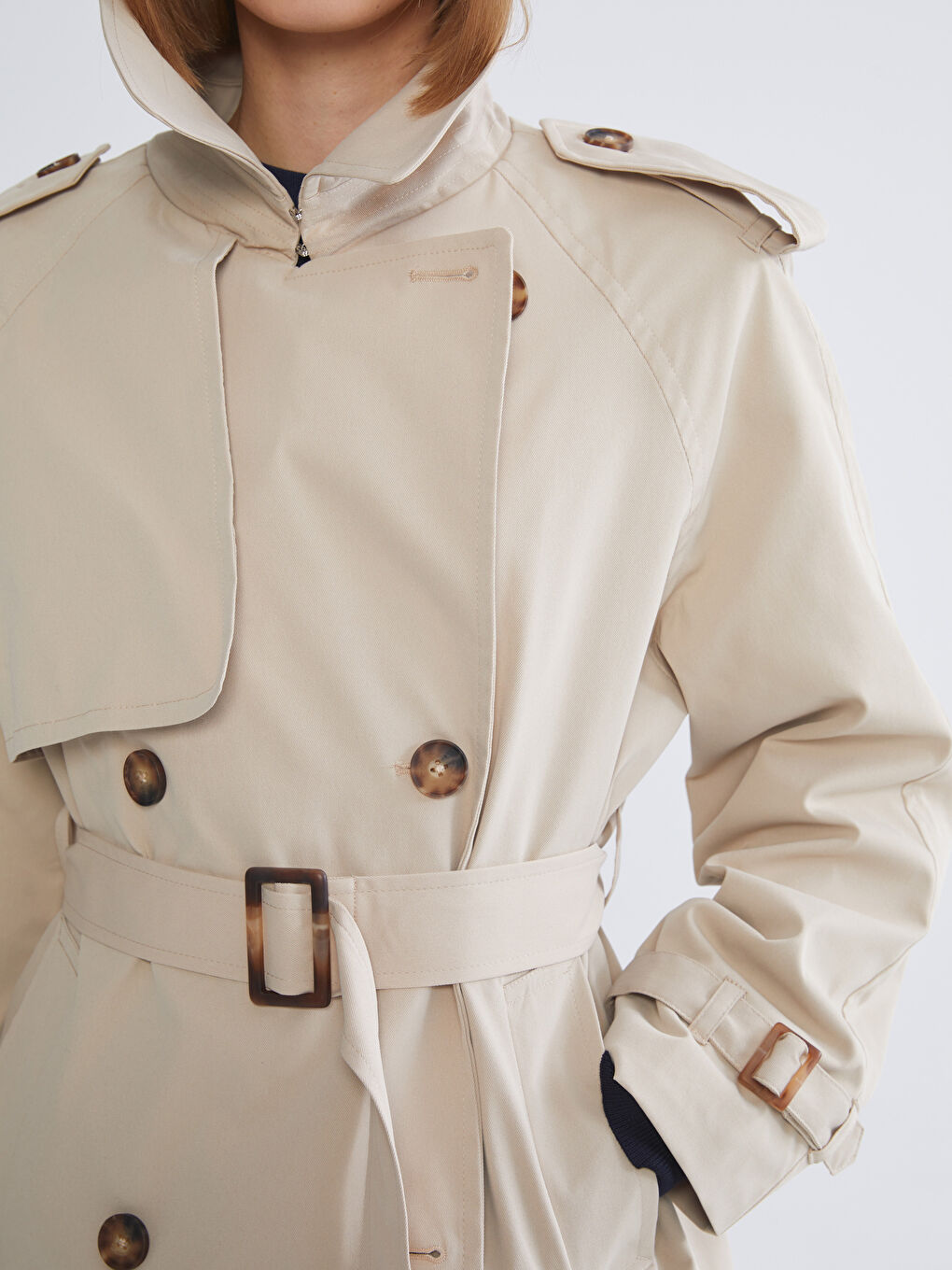 Bej Gömlek Yaka Oversize Kadın Trençkot-2