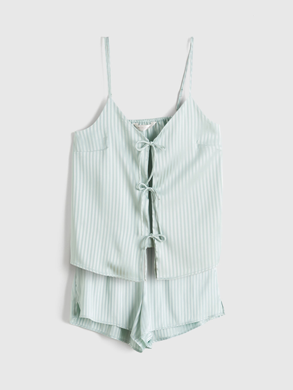 Yeşil V Yaka Çizgili Askılı Kadın Şortlu Pijama Takımı