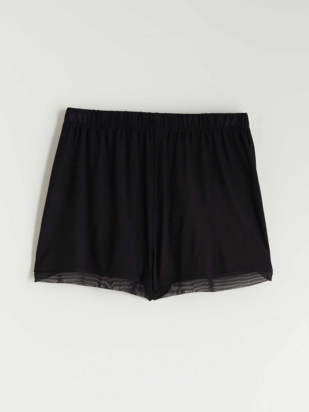 Siyah Beli Lastikli Tül Detaylı Kadın Şort Pijama Altı
