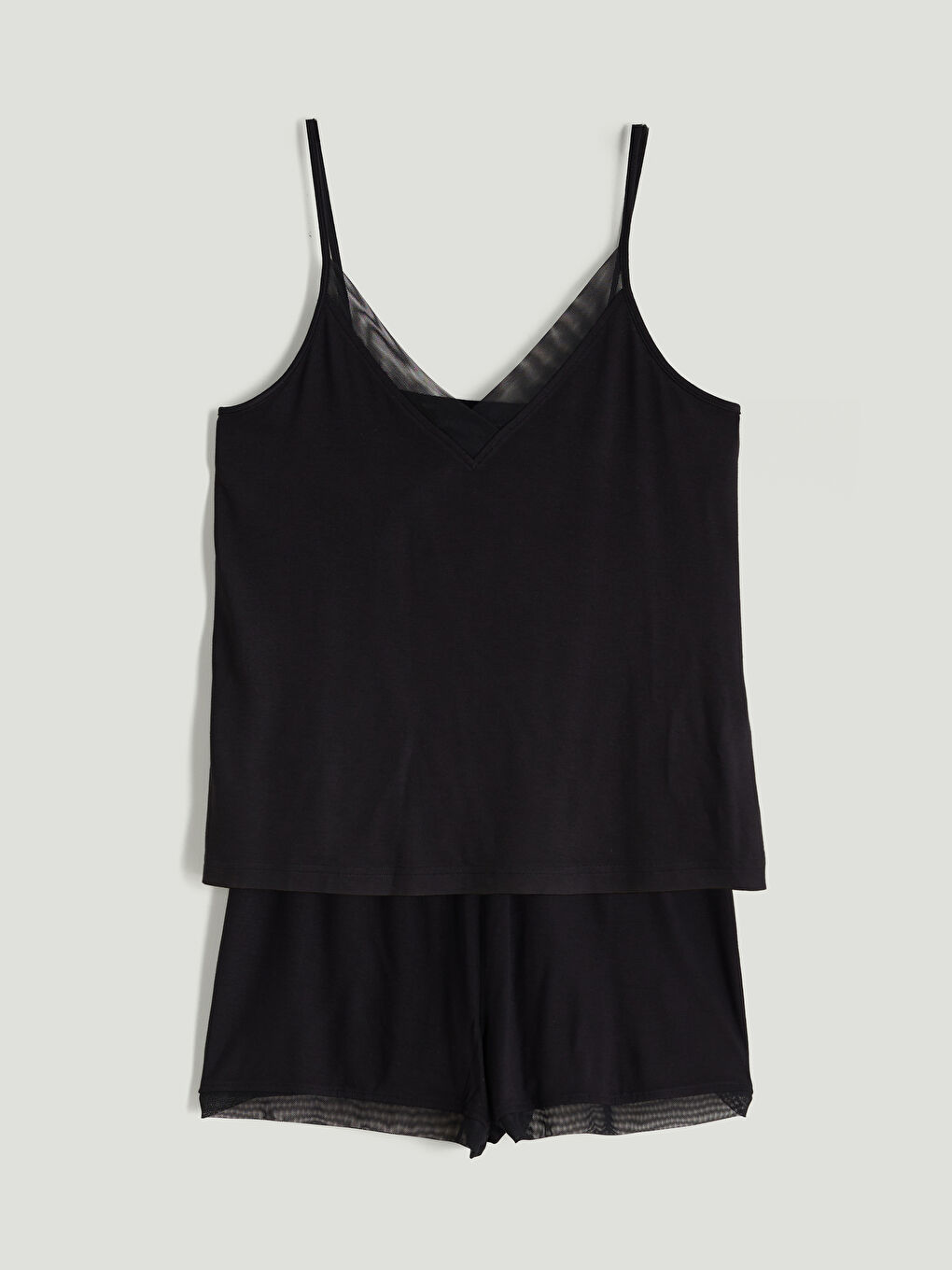 Siyah V Yaka Askılı Kadın Şortlu Pijama Takımı-4