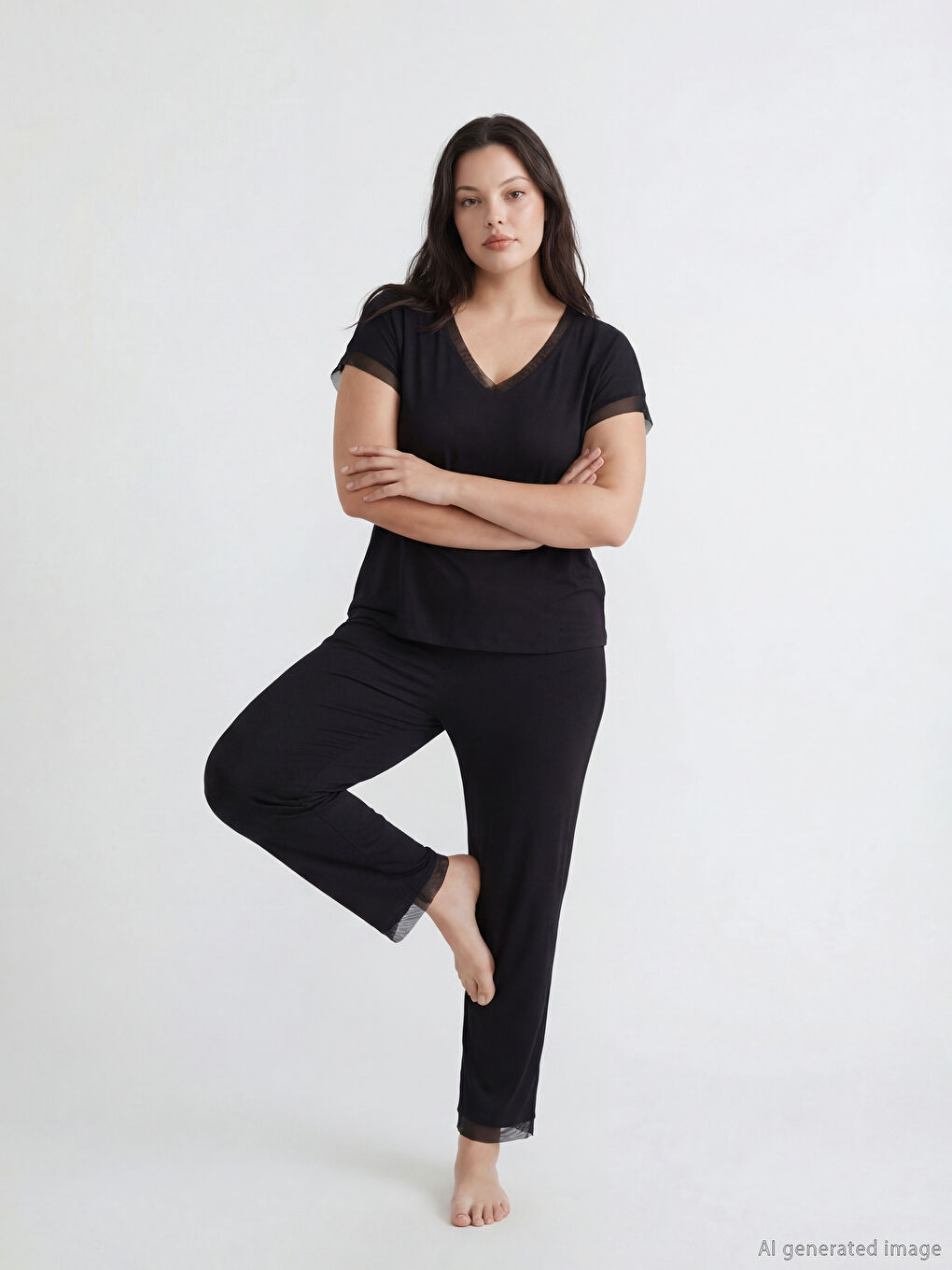 V-Ausschnitt Pyjama-Set für Damen mit Tüll-Detail-1