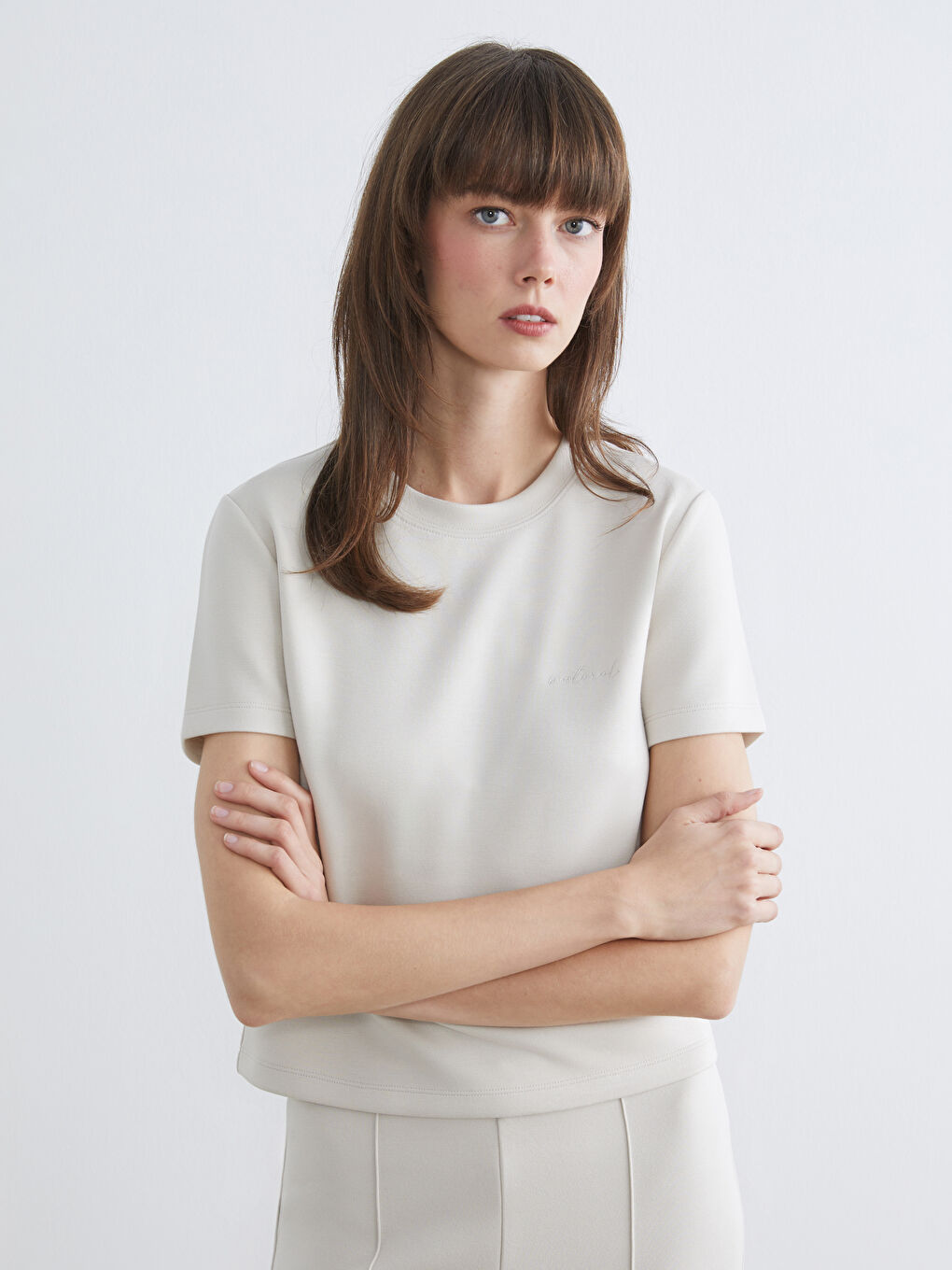 Gri Bisiklet Yaka Nakışlı Soft Touch Kadın Tişört