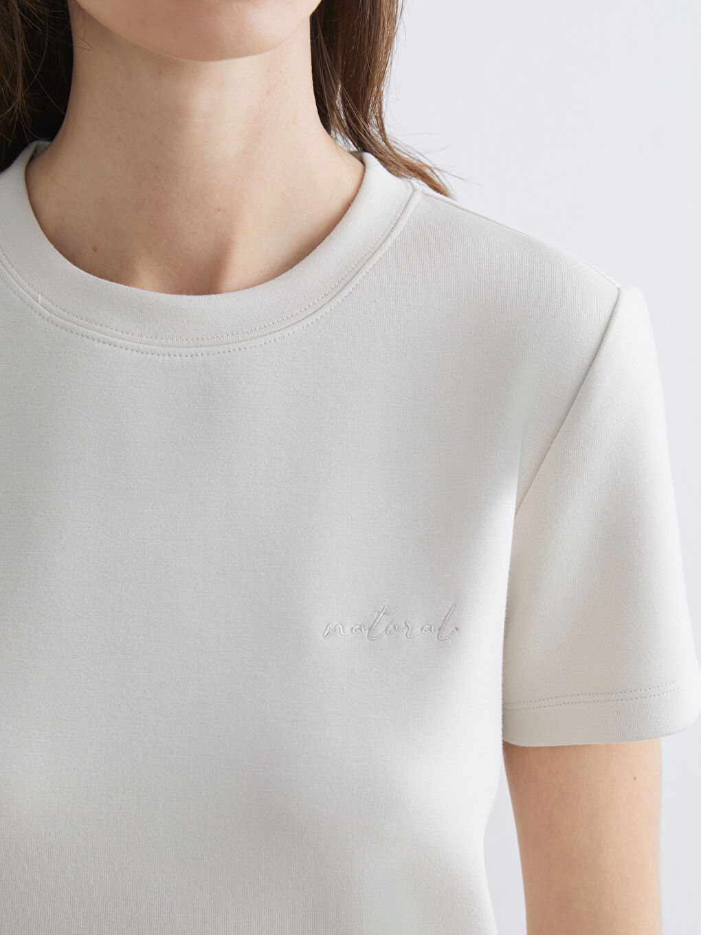 Gri Bisiklet Yaka Nakışlı Soft Touch Kadın Tişört-2