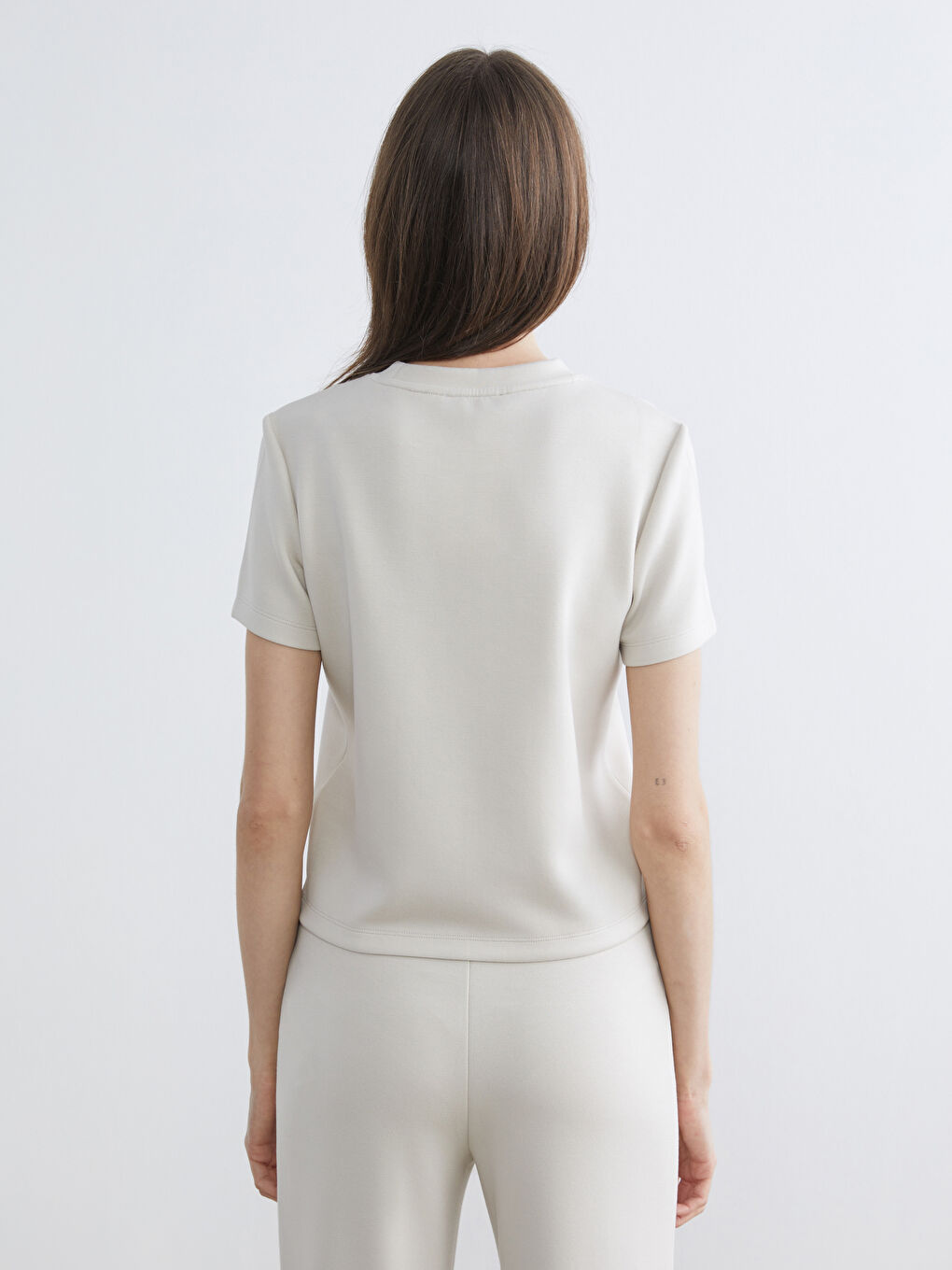 Gri Bisiklet Yaka Nakışlı Soft Touch Kadın Tişört-3