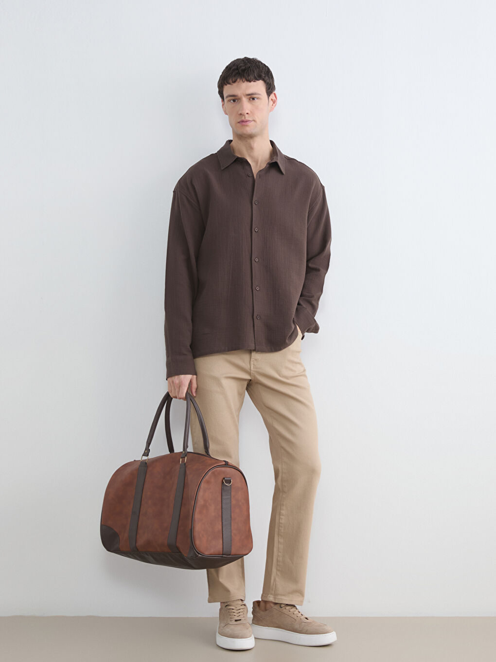 Kahverengi Regular Fit Müslin Erkek Gömlek-1