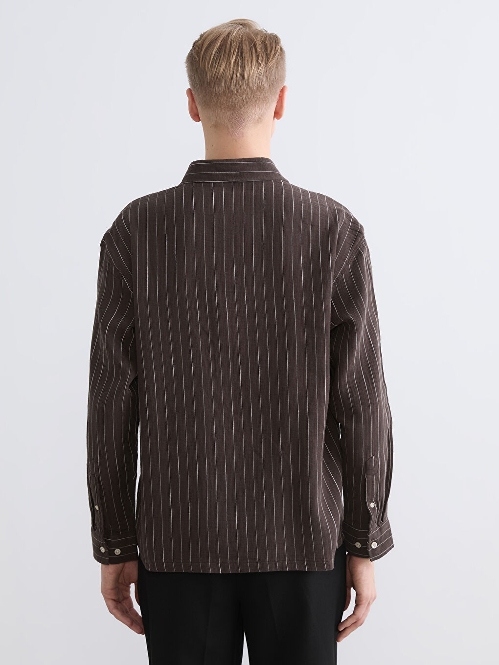 Kahverengi Regular Fit Çizgili Erkek Müslin Gömlek-3
