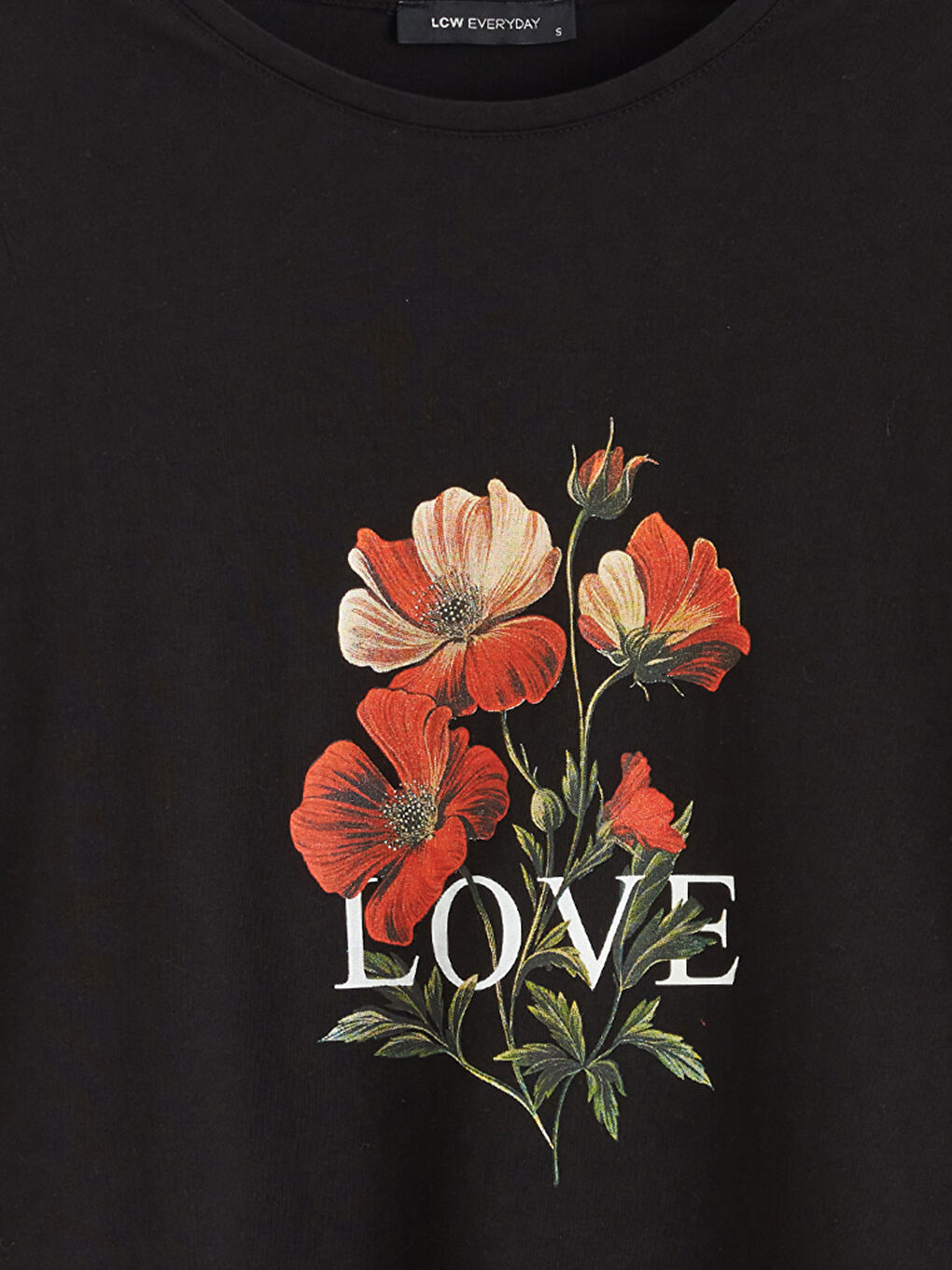 Siyah Bisiklet Yaka Çiçekli Kadın Tişört-5