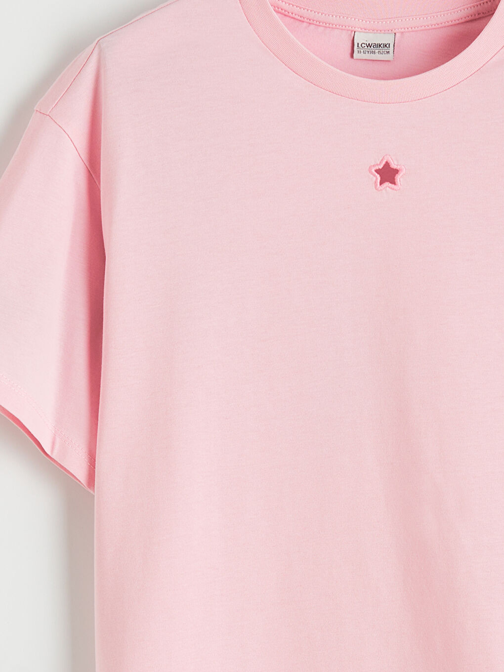 Pembe Bisiklet Yaka Nakış Detaylı Kız Çocuk Tişört-2