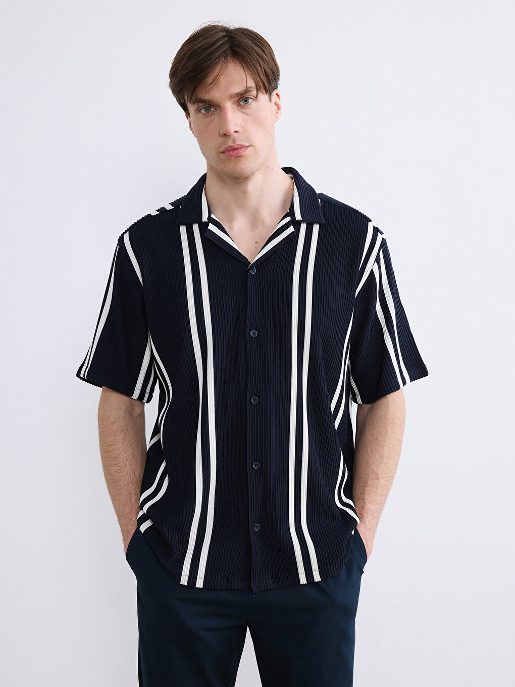 Lacivert Regular Fit Çizgili Erkek Gömlek