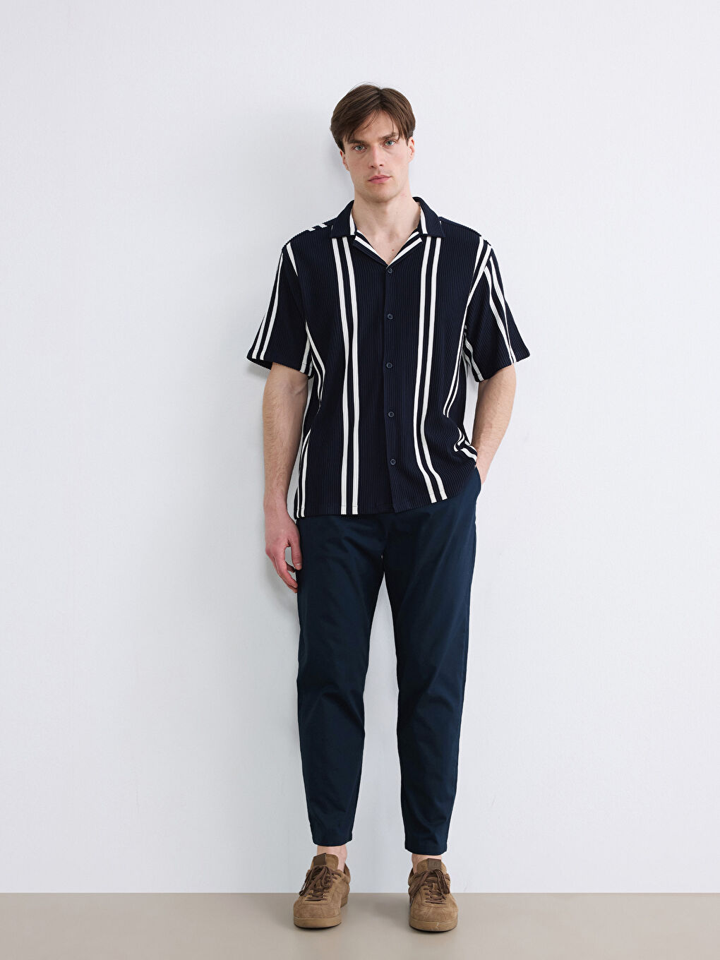 Lacivert Regular Fit Çizgili Erkek Gömlek-1
