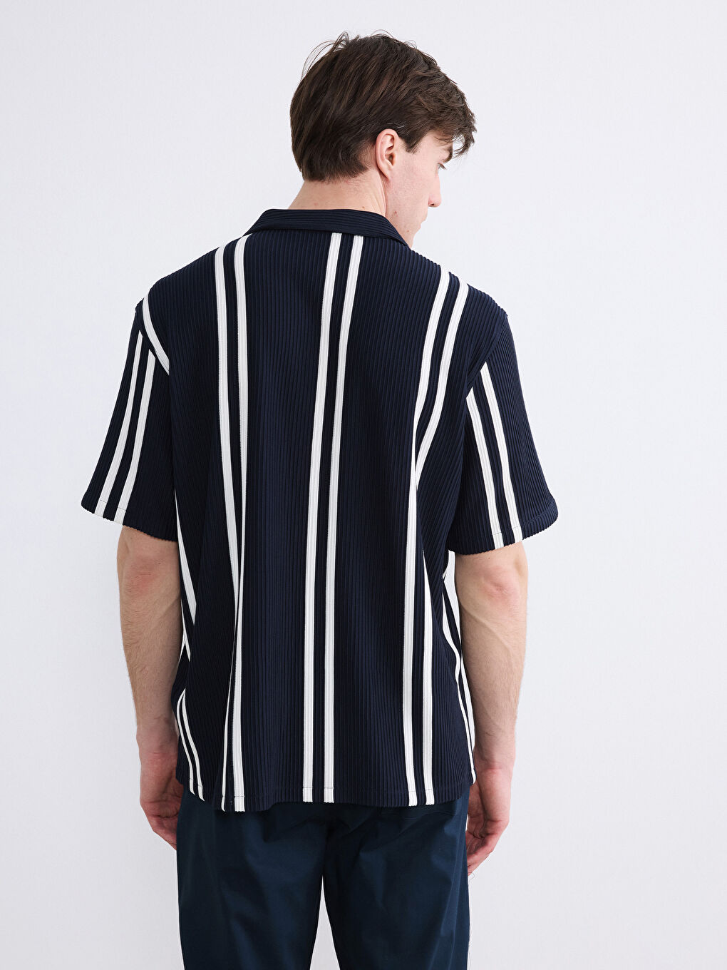 Lacivert Regular Fit Çizgili Erkek Gömlek-3