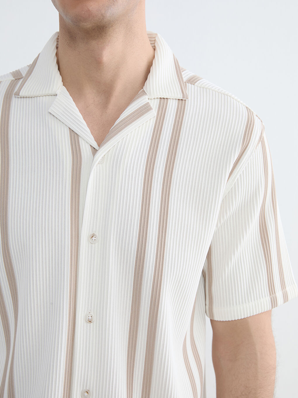 Ekru Regular Fit Çizgili Erkek Gömlek-2