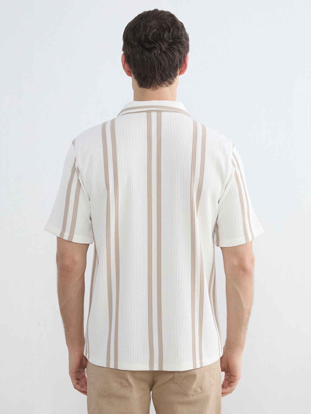 Ekru Regular Fit Çizgili Erkek Gömlek-3