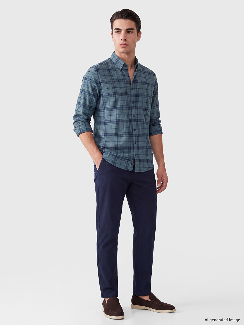 Yeşil Regular Fit Ekose Poplin Erkek Gömlek-1