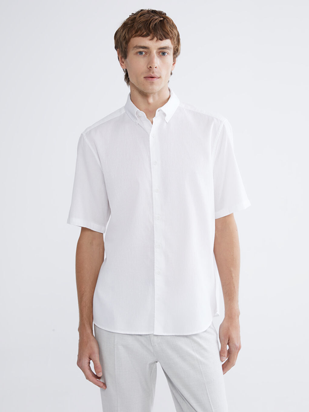 Ekru Regular Fit Krinkle Erkek Gömlek