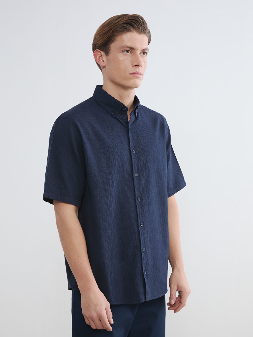Lacivert Regular Fit Krinkle Erkek Gömlek