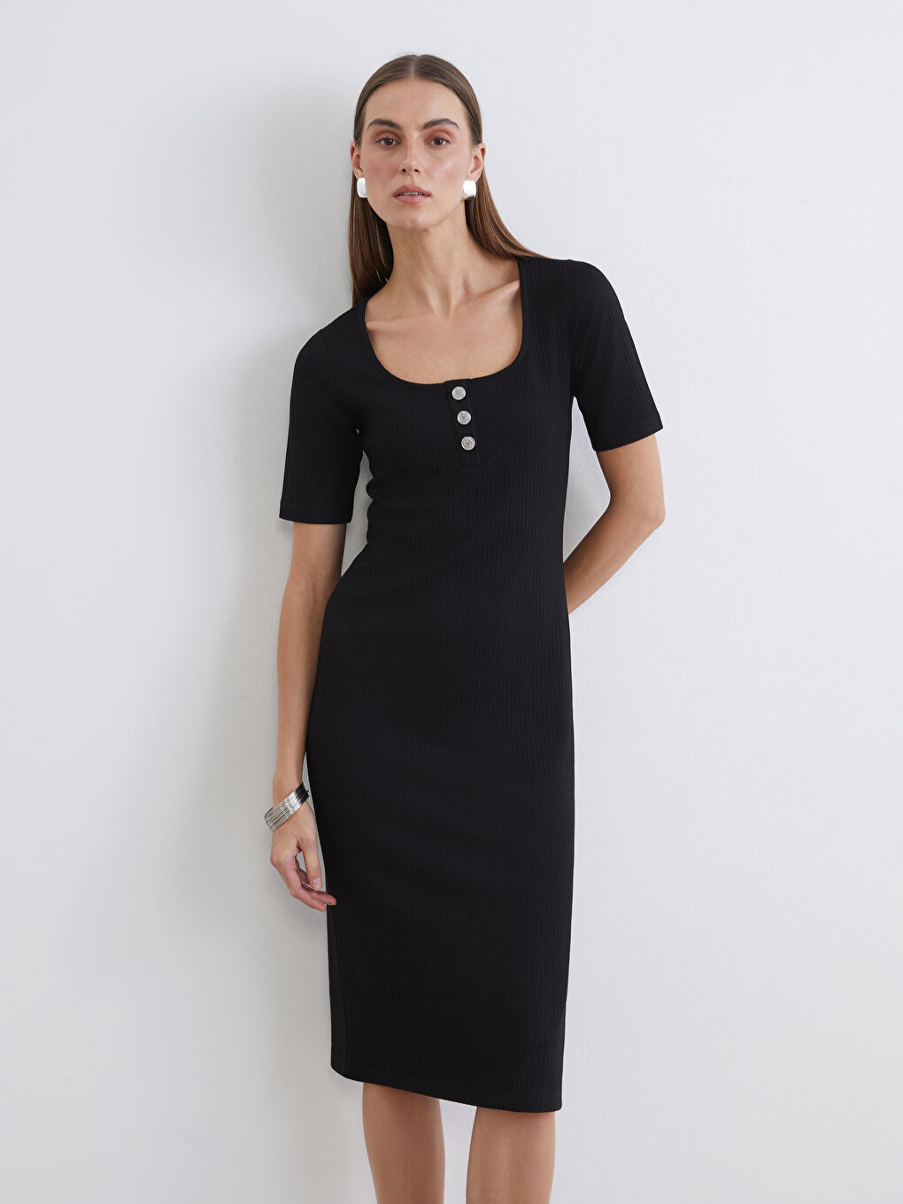 U-Neck Ribbed Bodycon Dress-1