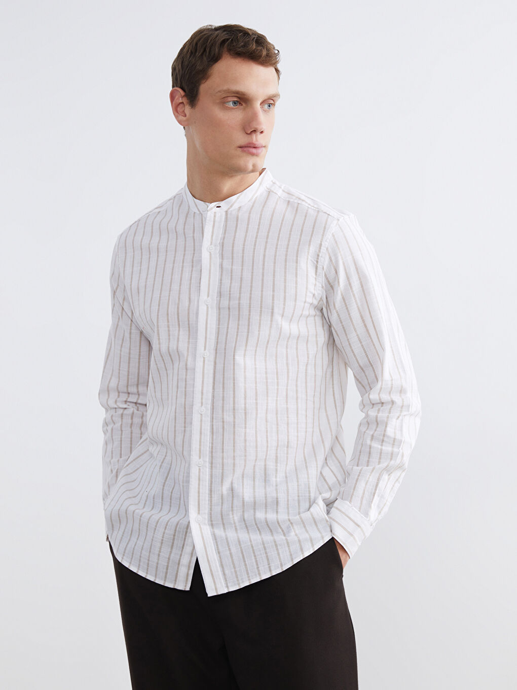 Regular Fit Striped Men's Shirt with a Mandarin Collar