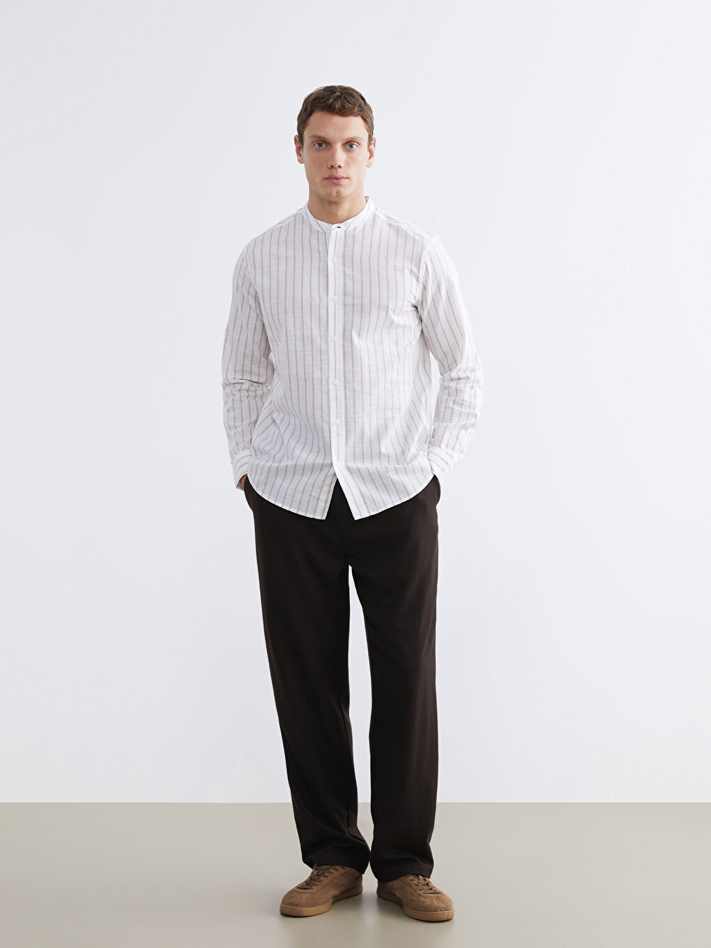 Regular Fit Striped Men's Shirt with a Mandarin Collar-1