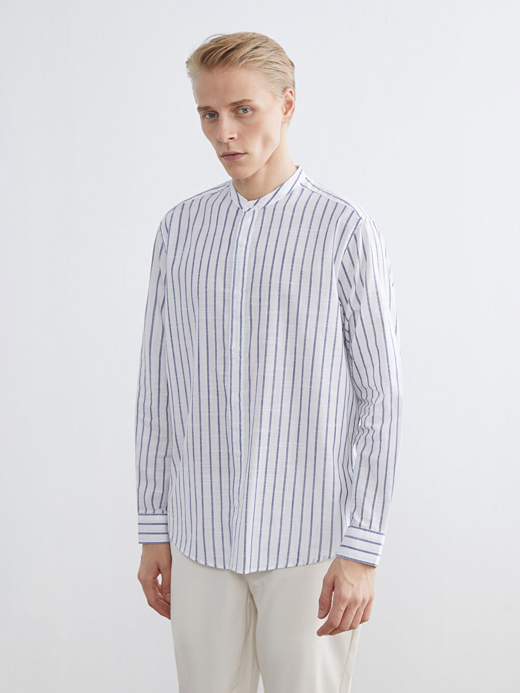 Regular Fit Striped Men's Shirt with a Mandarin Collar
